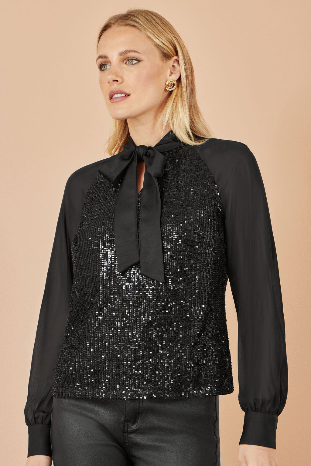 Black Sequin Pussy Bow Top - Sizes 8 to 16