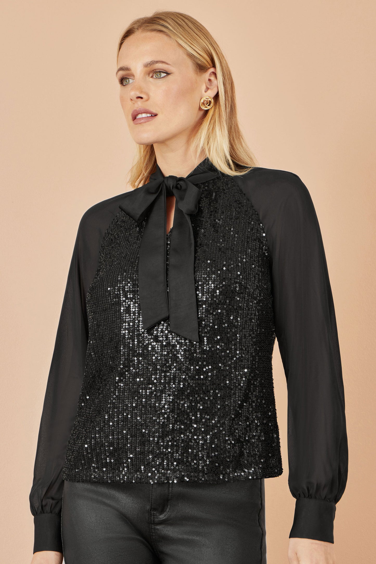 Black Sequin Pussy Bow Top - Sizes 8 to 16