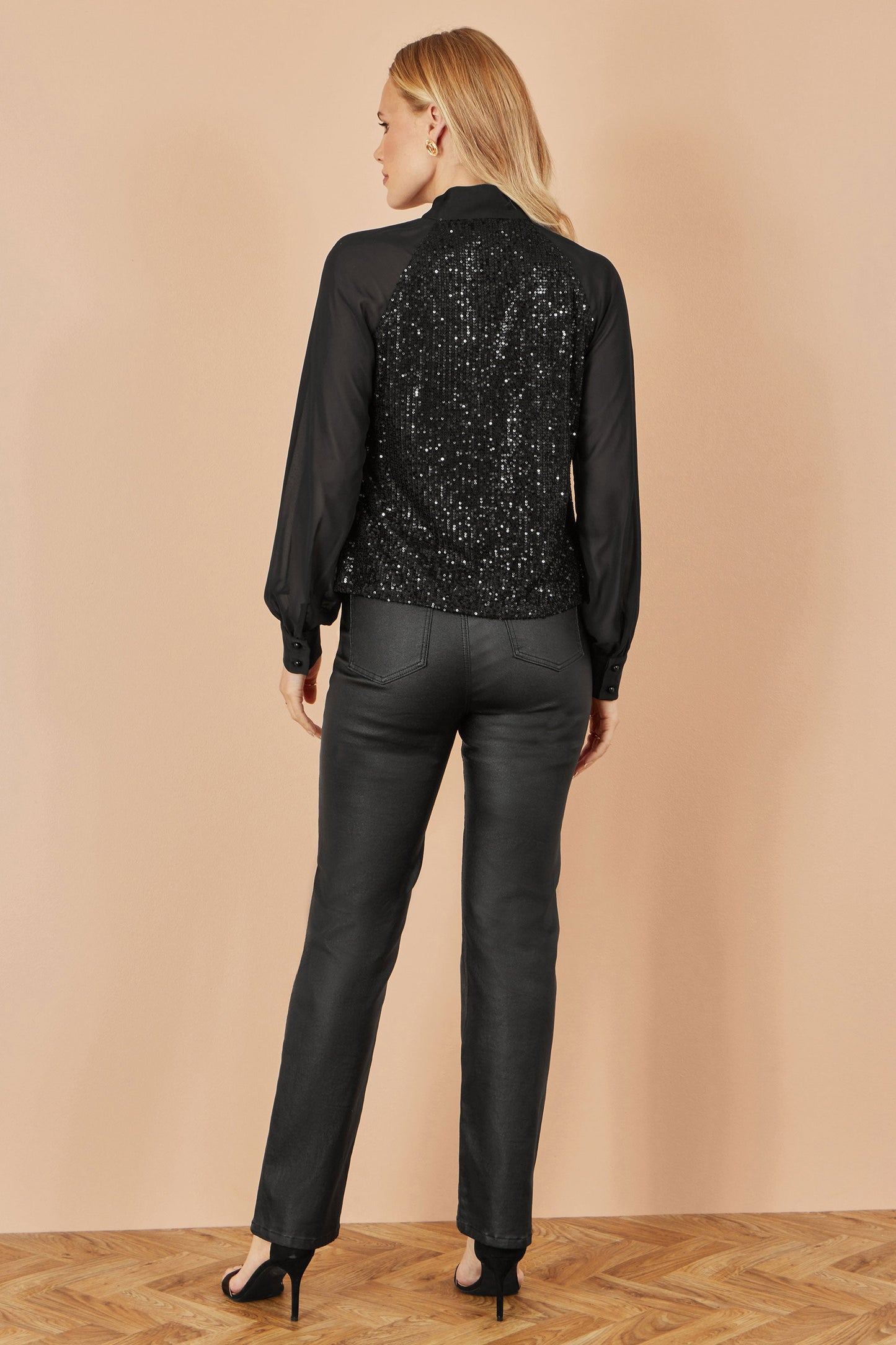 Black Sequin Pussy Bow Top - Sizes 8 to 16