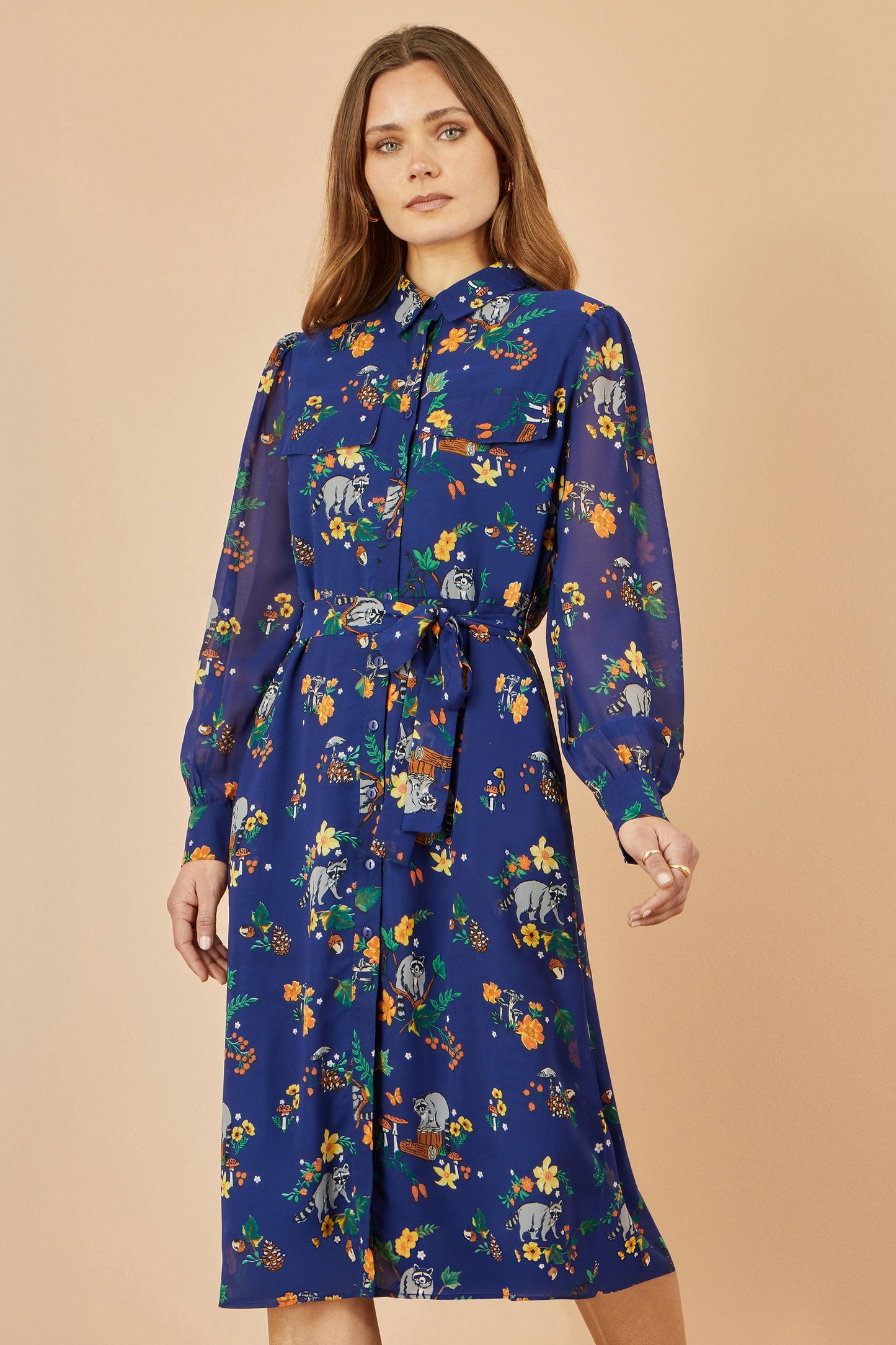 Recycled Navy Raccoon Print Shirt Midi Dress