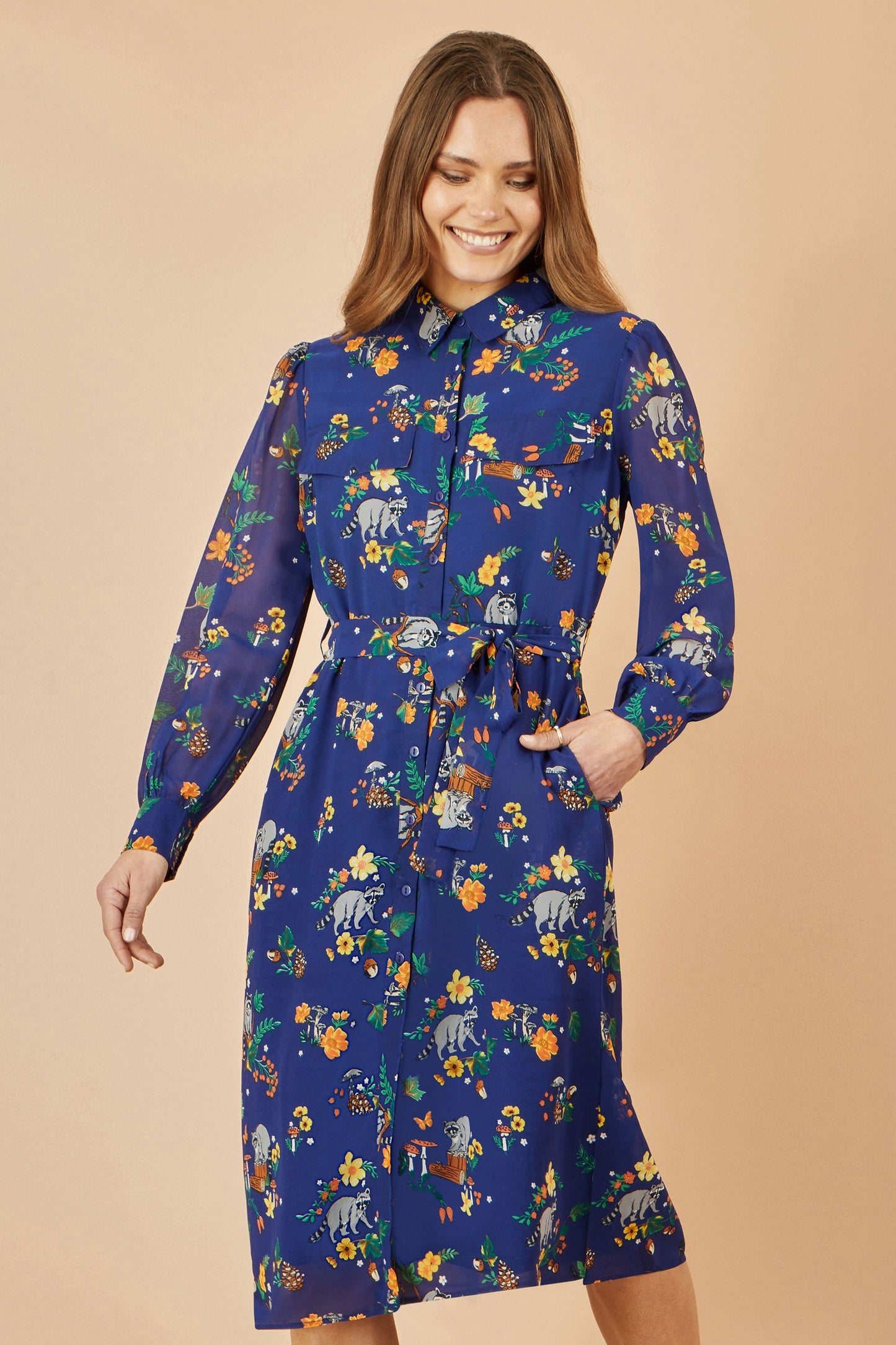Recycled Navy Raccoon Print Shirt Midi Dress