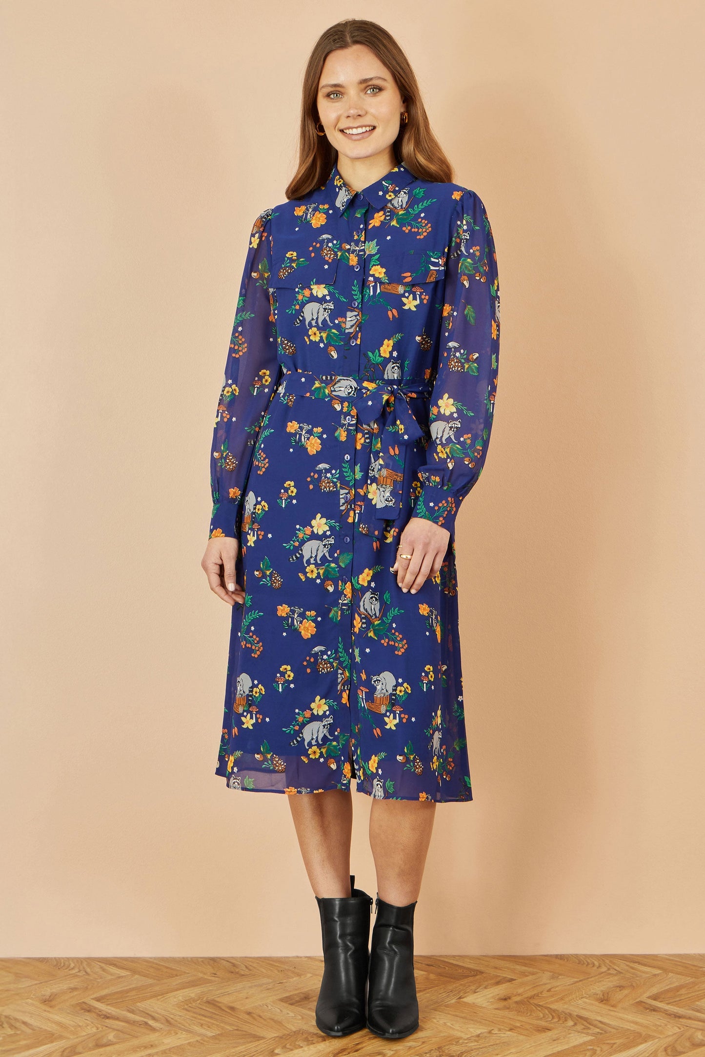 Recycled Navy Raccoon Print Shirt Midi Dress