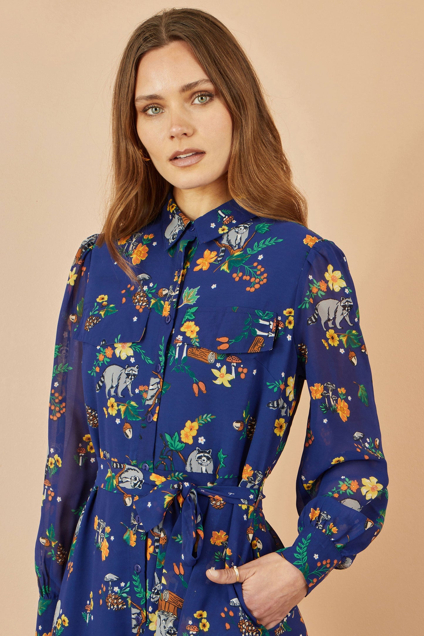 Recycled Navy Raccoon Print Shirt Midi Dress