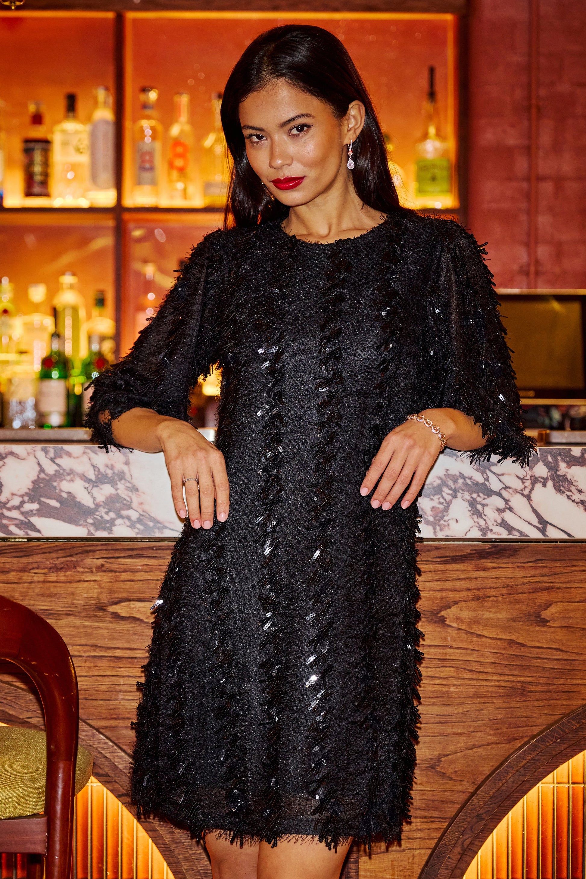 Black Hanging Sequin Tunic With Balloon Sleeves - Sizes 8 to 18