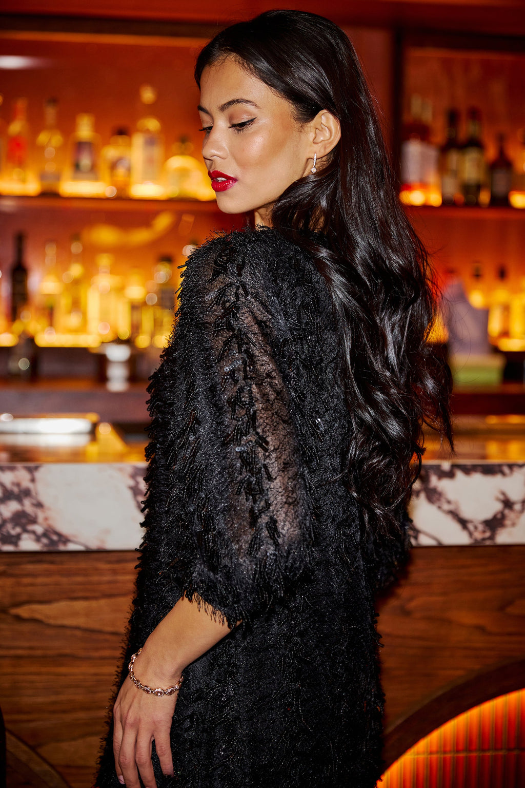 Black Hanging Sequin Tunic With Balloon Sleeves - Sizes 8 to 18