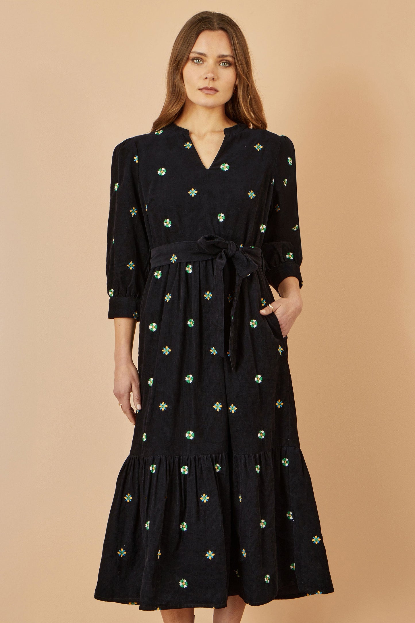Black Flower Embroidery Midi Cord Dress