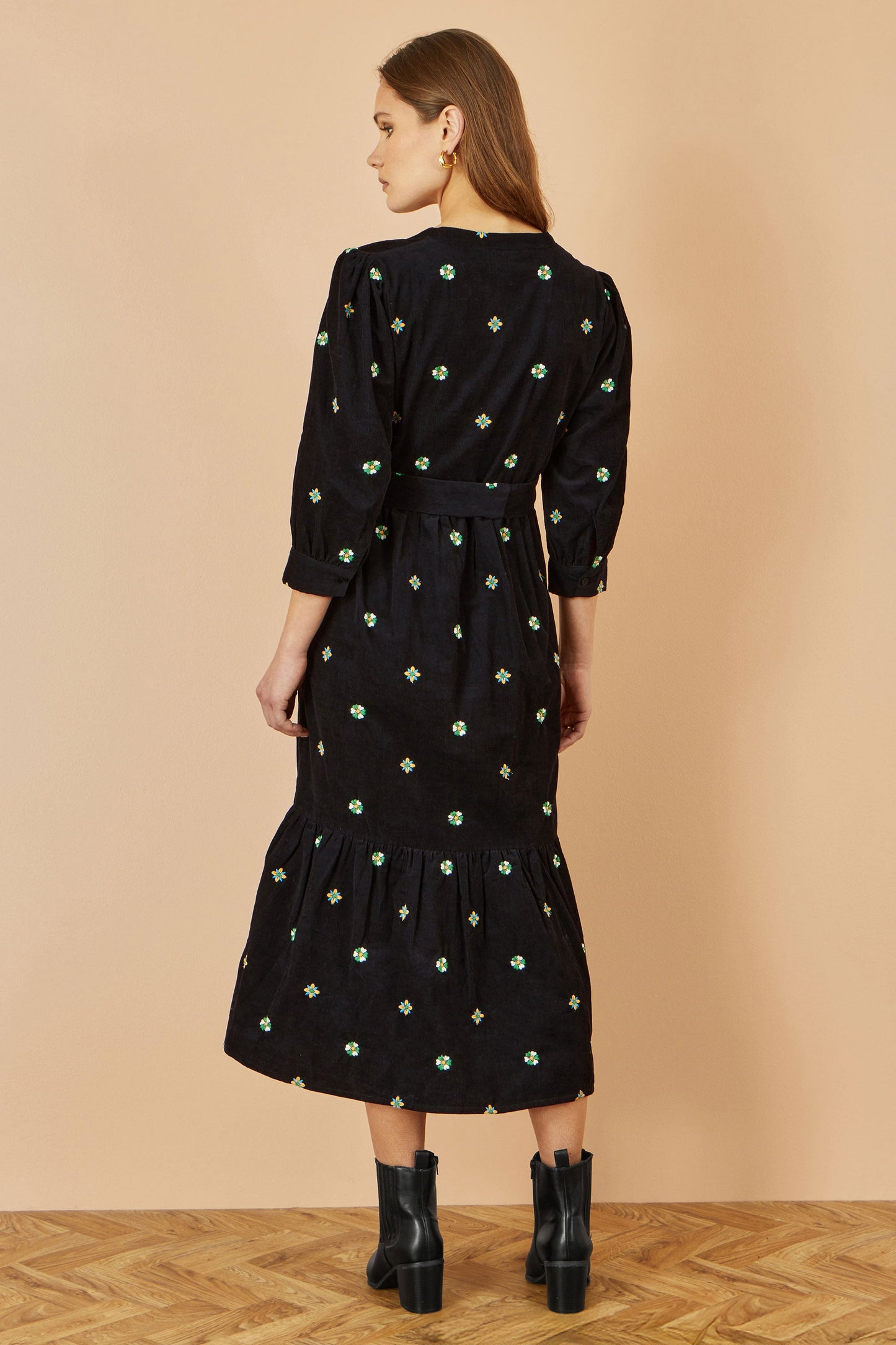 Black Flower Embroidery Midi Cord Dress