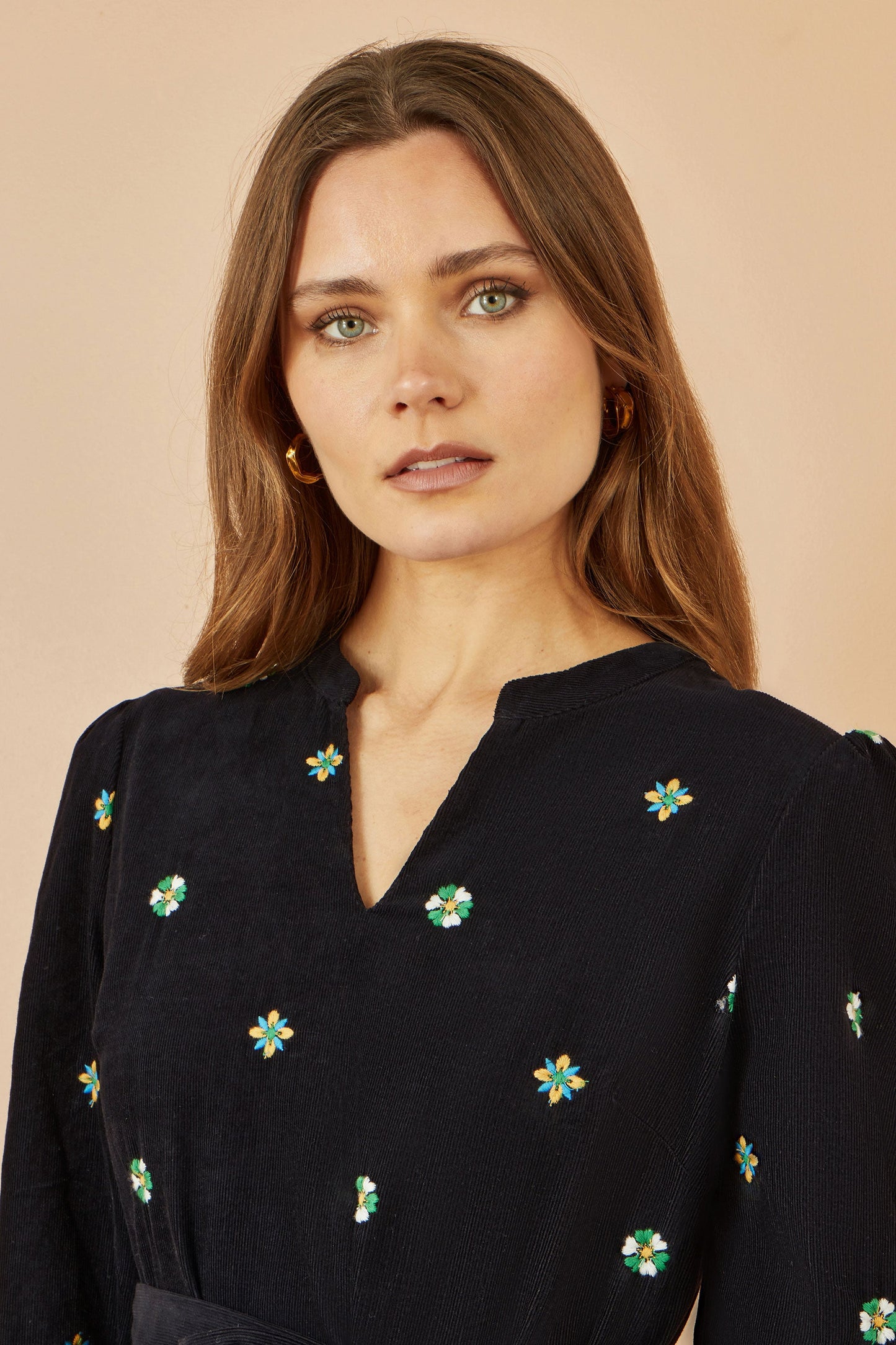 Black Flower Embroidery Midi Cord Dress