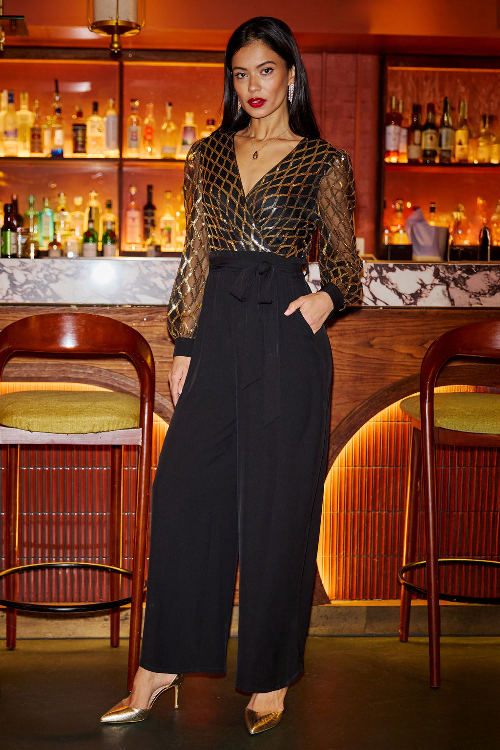 Black And Gold Sequin Wrap Over Jumpsuit - Sizes 8 to 16