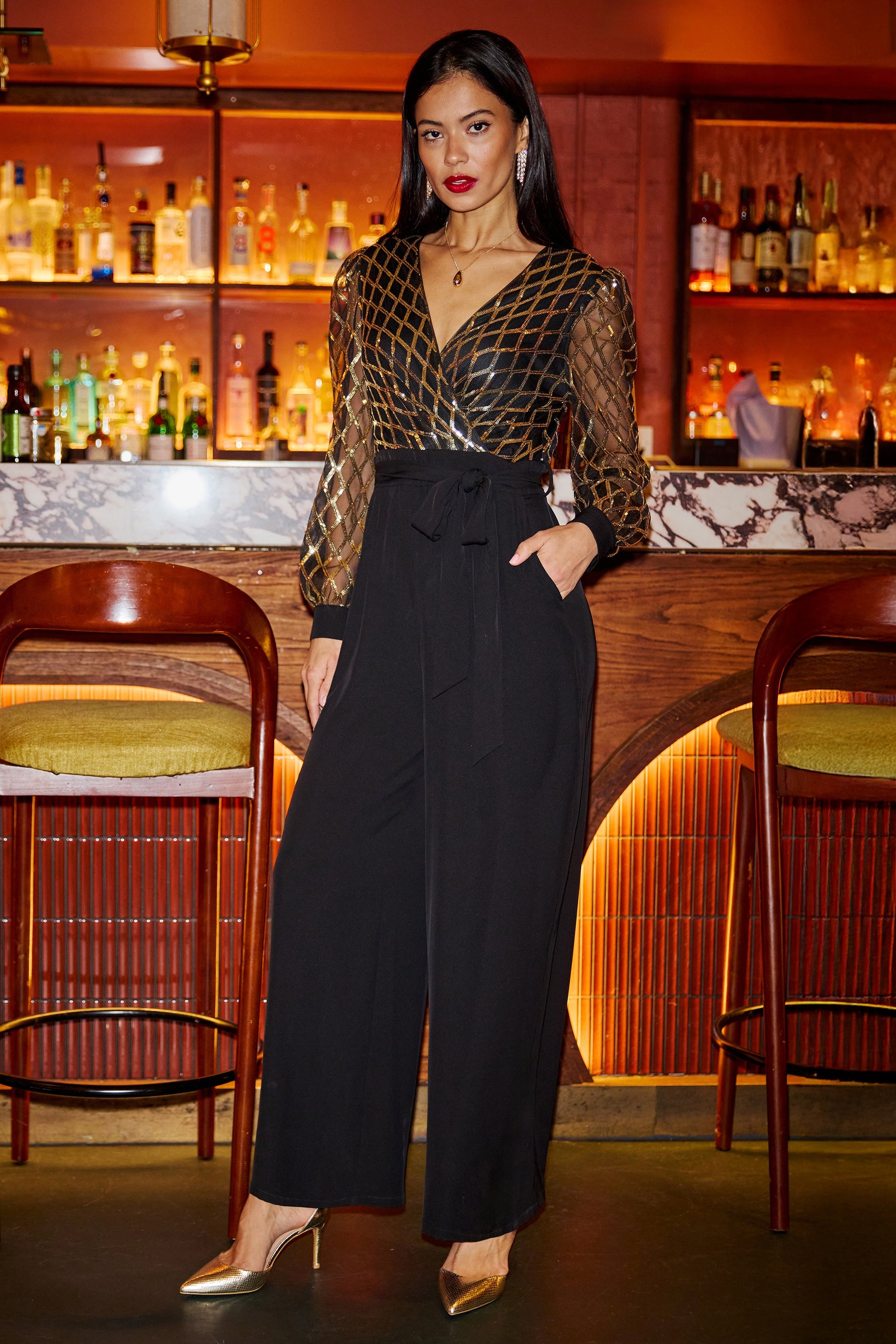 Black And Gold Sequin Wrap Over Jumpsuit - Sizes 8 to 16