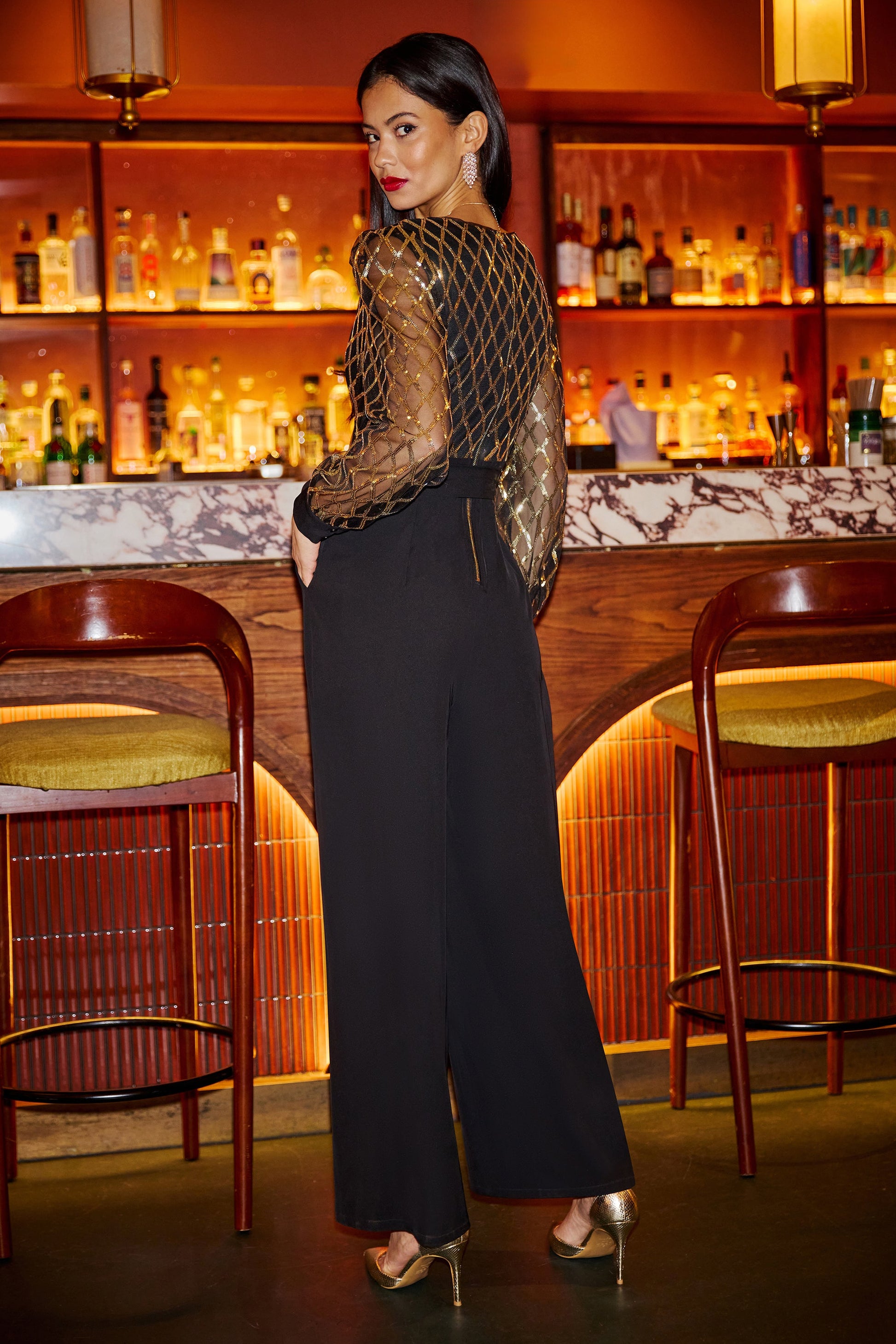 Black And Gold Sequin Wrap Over Jumpsuit - Sizes 8 to 16