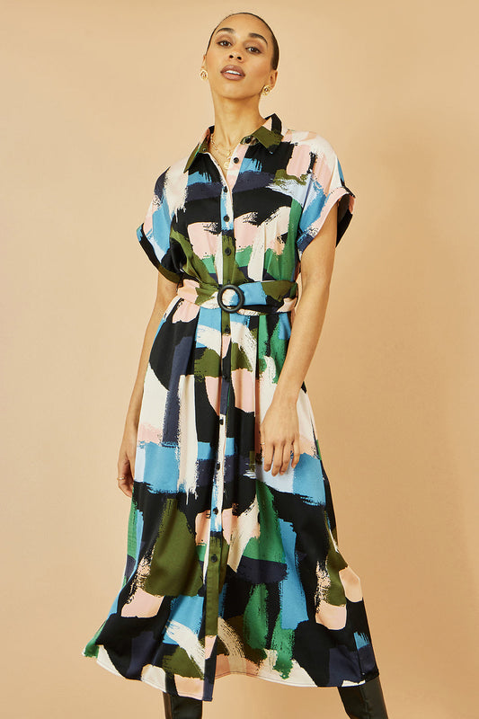 Blue Brushstroke Print Relaxed Midi Shirt Dress