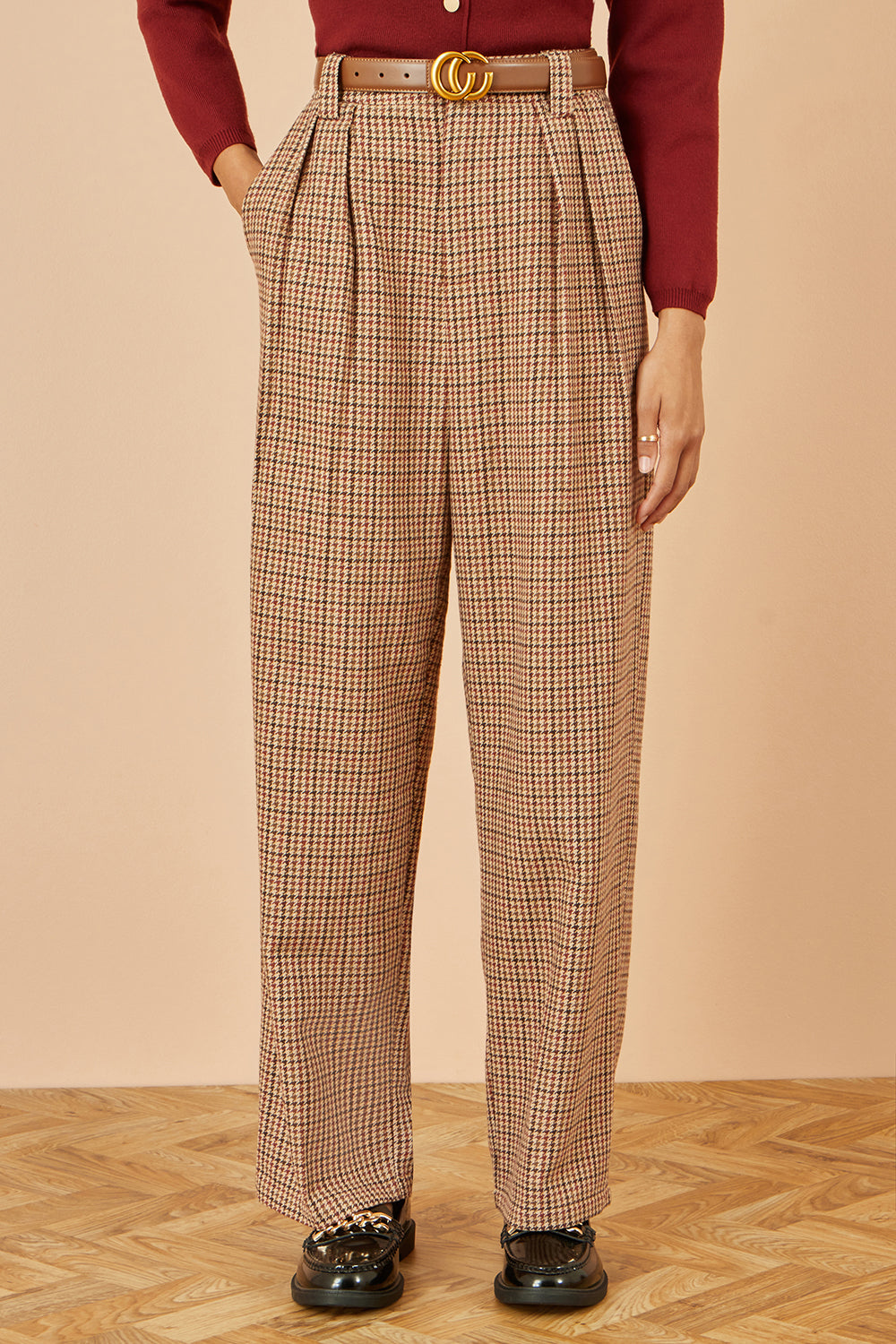 Brown Check Wide Leg Trousers