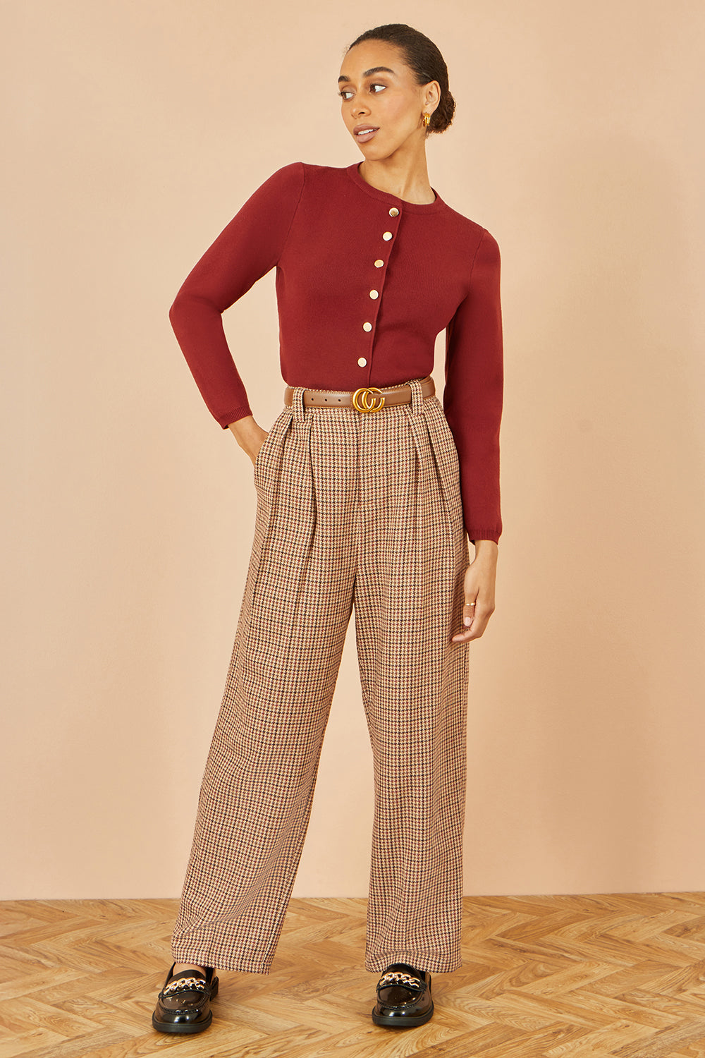 Brown Check Wide Leg Trousers