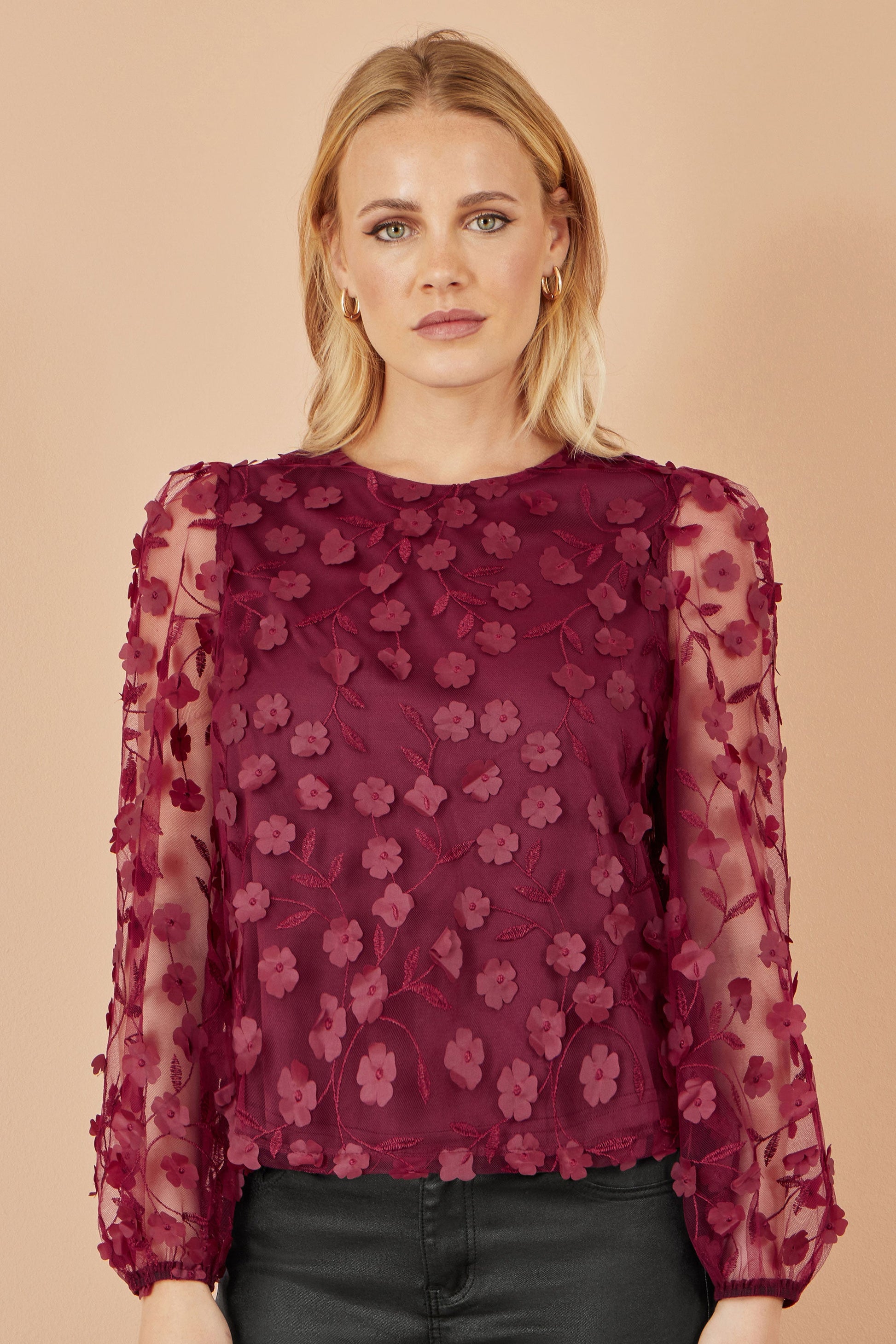 Burgundy Sheer Sleeve Applique Flower Top - Sizes 8 to 16