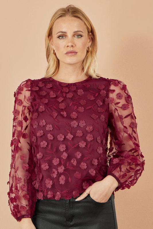 Burgundy Sheer Sleeve Applique Flower Top - Sizes 8 to 16
