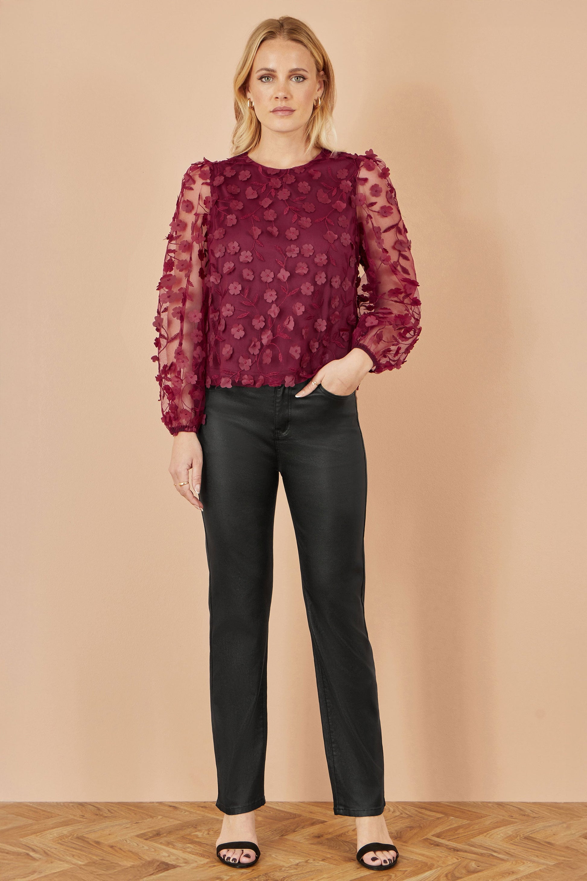 Burgundy Sheer Sleeve Applique Flower Top - Sizes 8 to 16