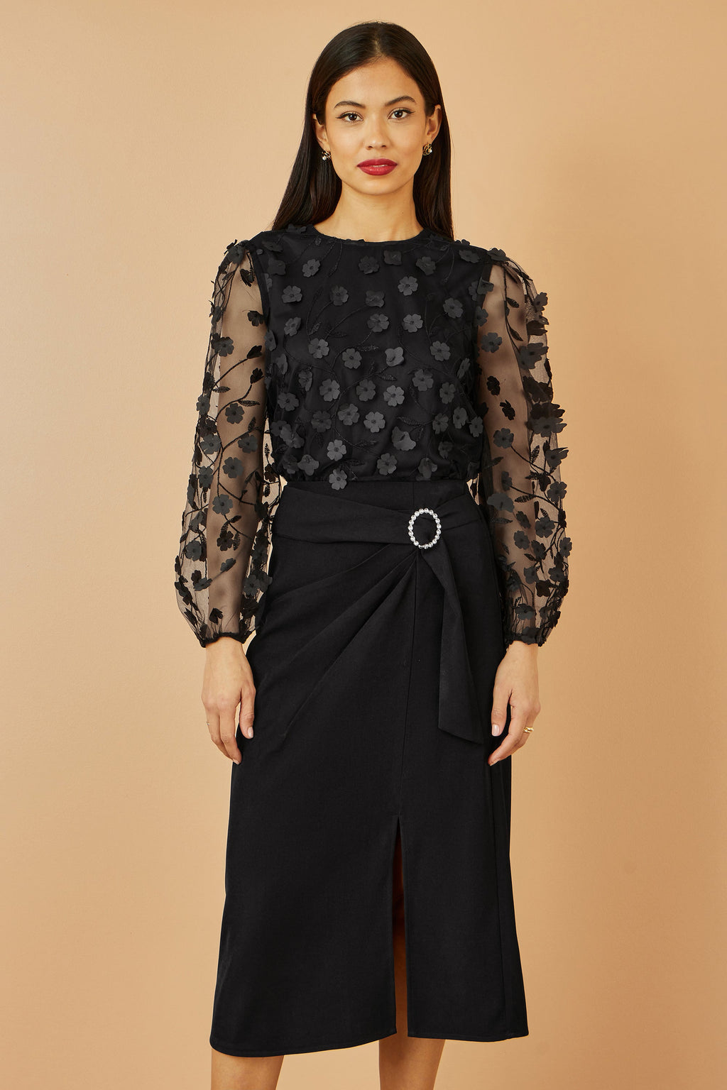 Black Sheer Sleeve Applique Flower Top - Sizes 8 to 16