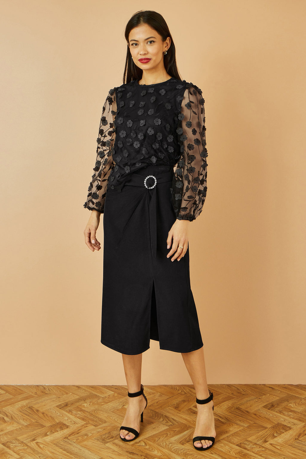 Black Sheer Sleeve Applique Flower Top - Sizes 8 to 16