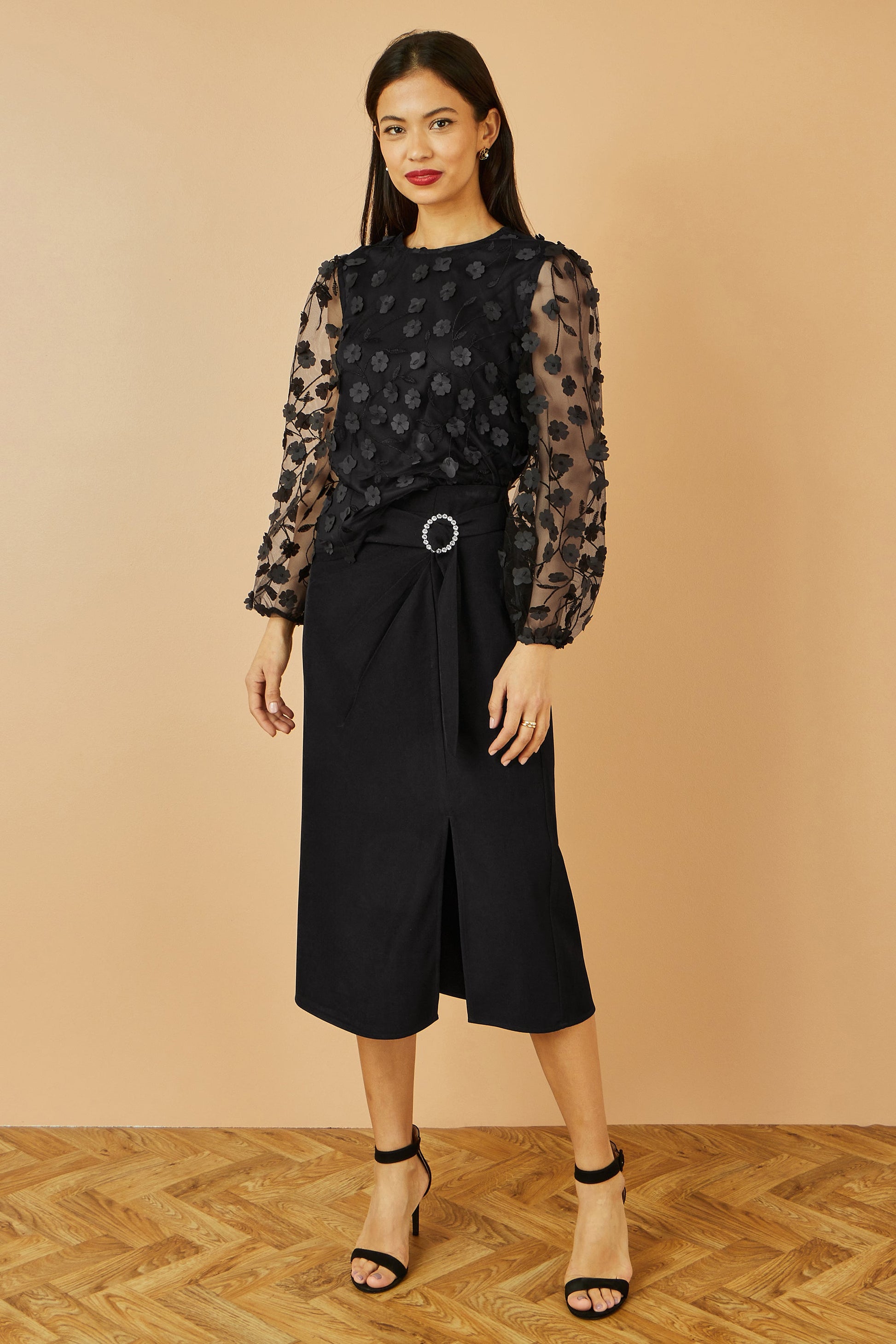 Black Sheer Sleeve Applique Flower Top - Sizes 8 to 16