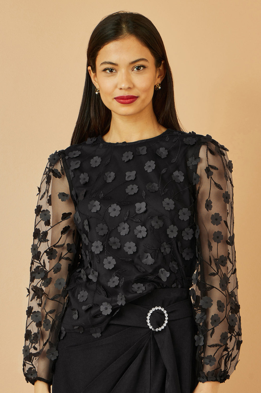 Black Sheer Sleeve Applique Flower Top - Sizes 8 to 16