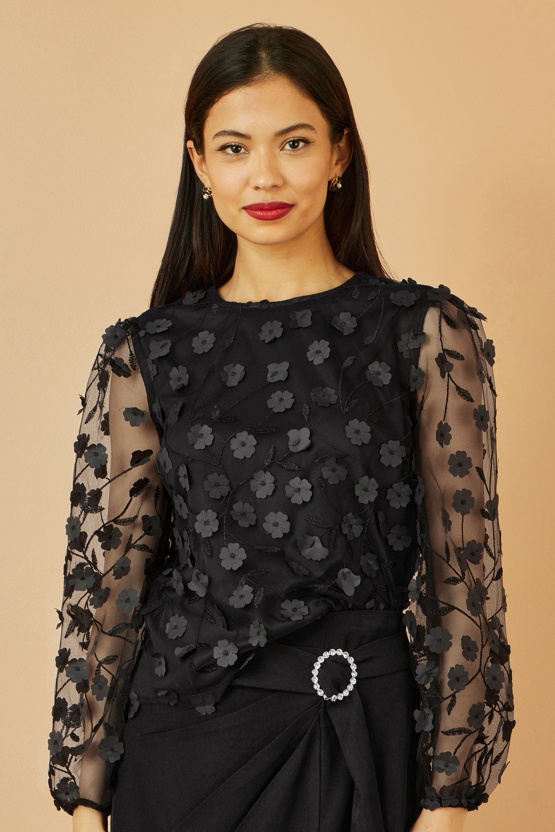 Black Sheer Sleeve Applique Flower Top - Sizes 8 to 16