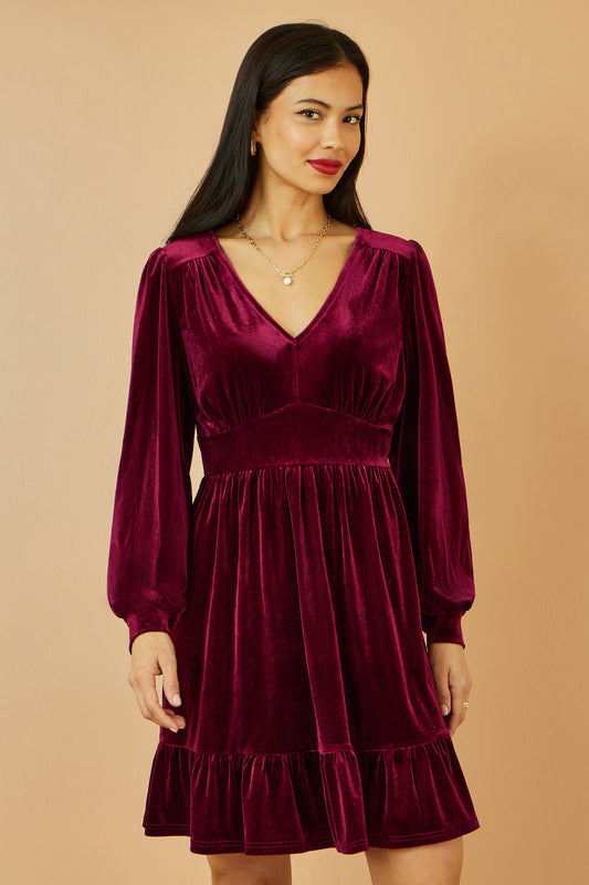 Burgundy Velvet Long Sleeve Skater Dress - Sizes 8 to 16