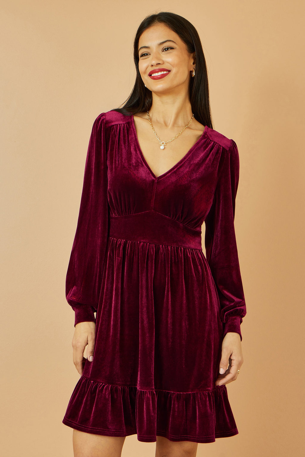 Burgundy Velvet Long Sleeve Skater Dress - Sizes 8 to 16