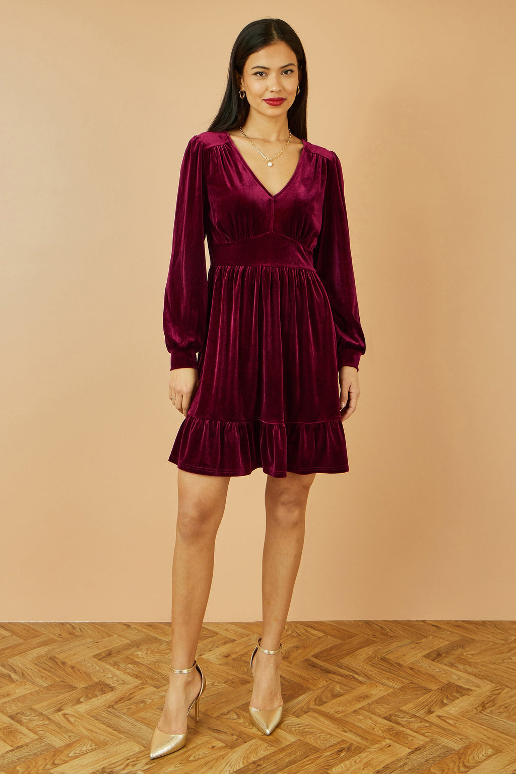 Burgundy Velvet Long Sleeve Skater Dress - Sizes 8 to 16