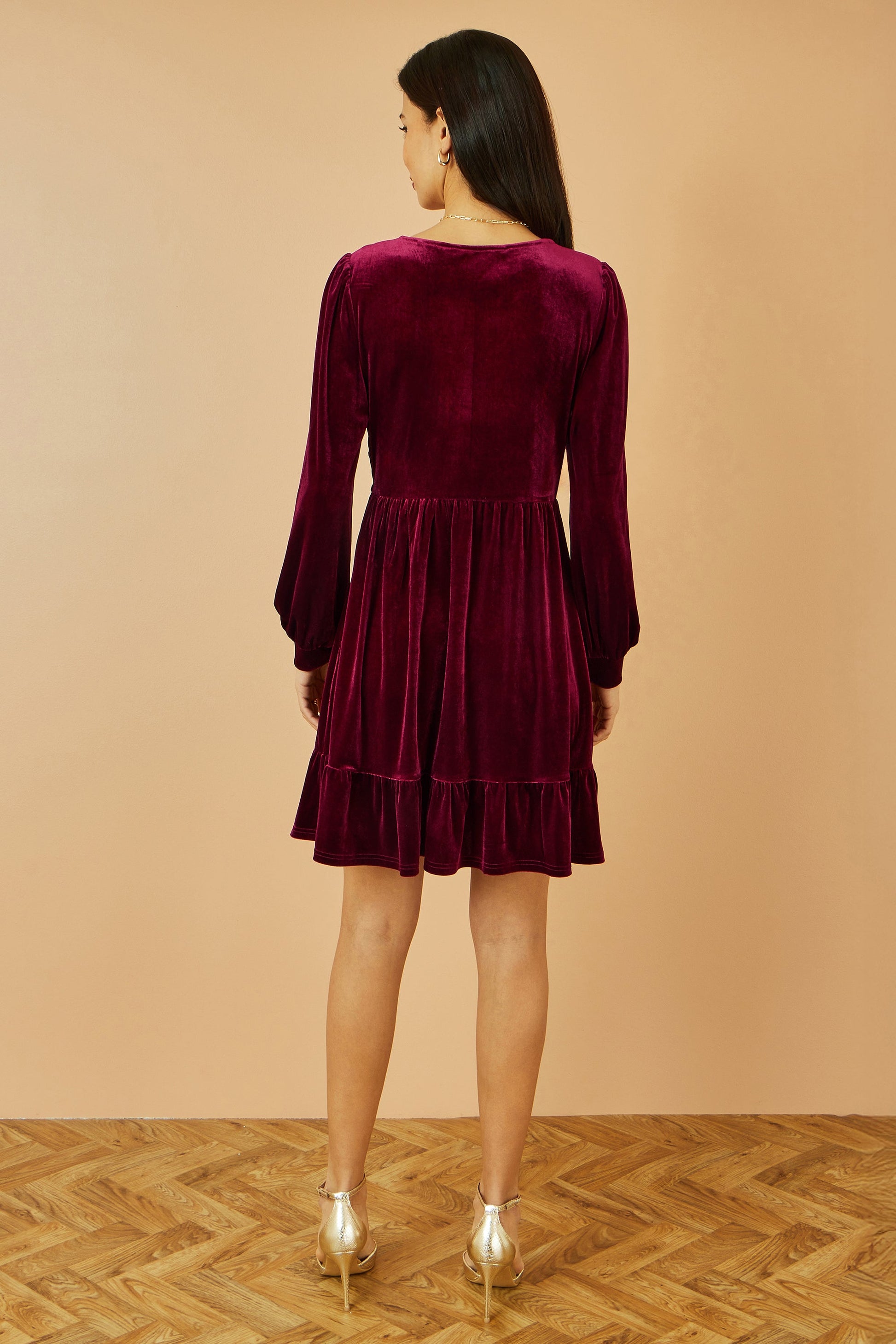 Burgundy Velvet Long Sleeve Skater Dress - Sizes 8 to 16