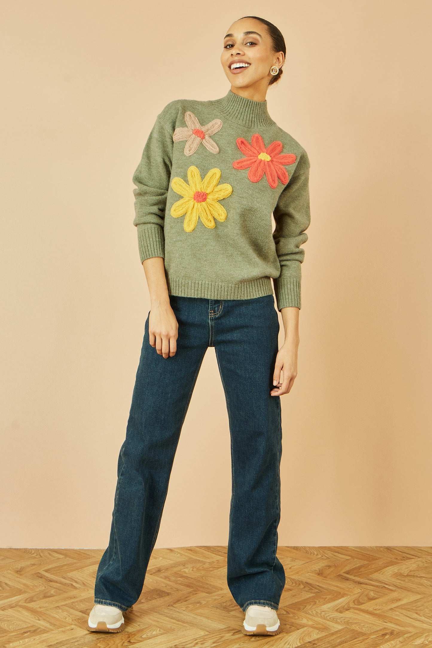 Green Knitted High Neck Jumper With Applique Flowers