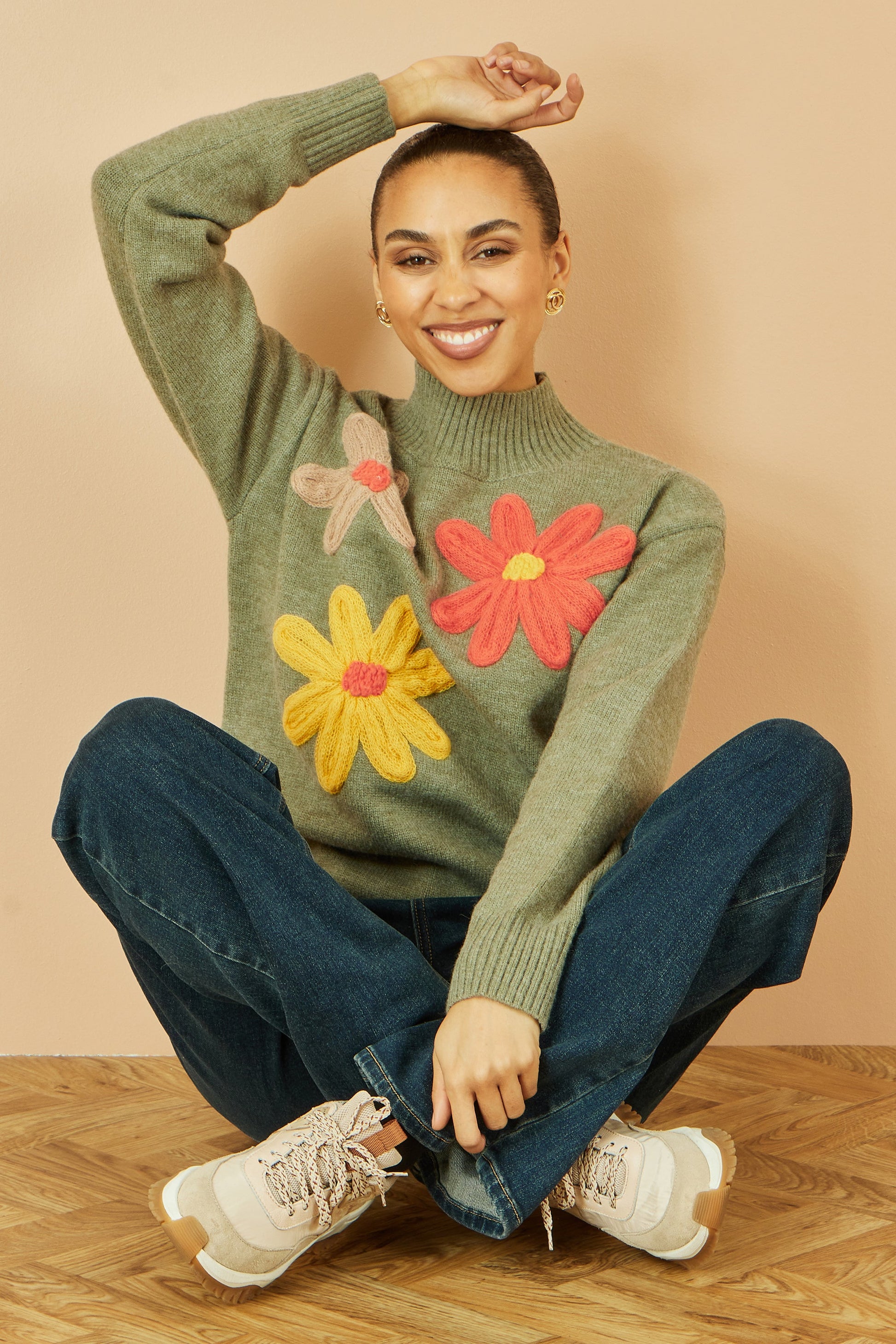 Green Knitted High Neck Jumper With Applique Flowers