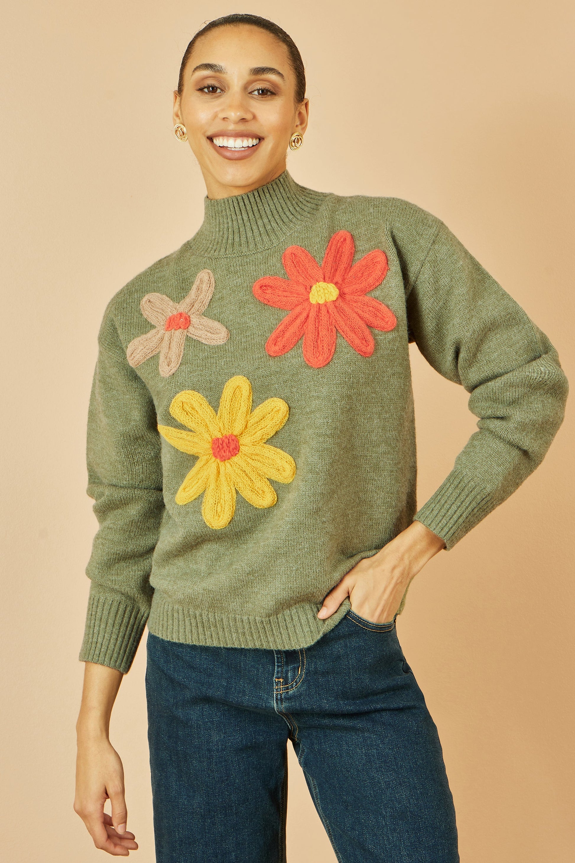 Green Knitted High Neck Jumper With Applique Flowers