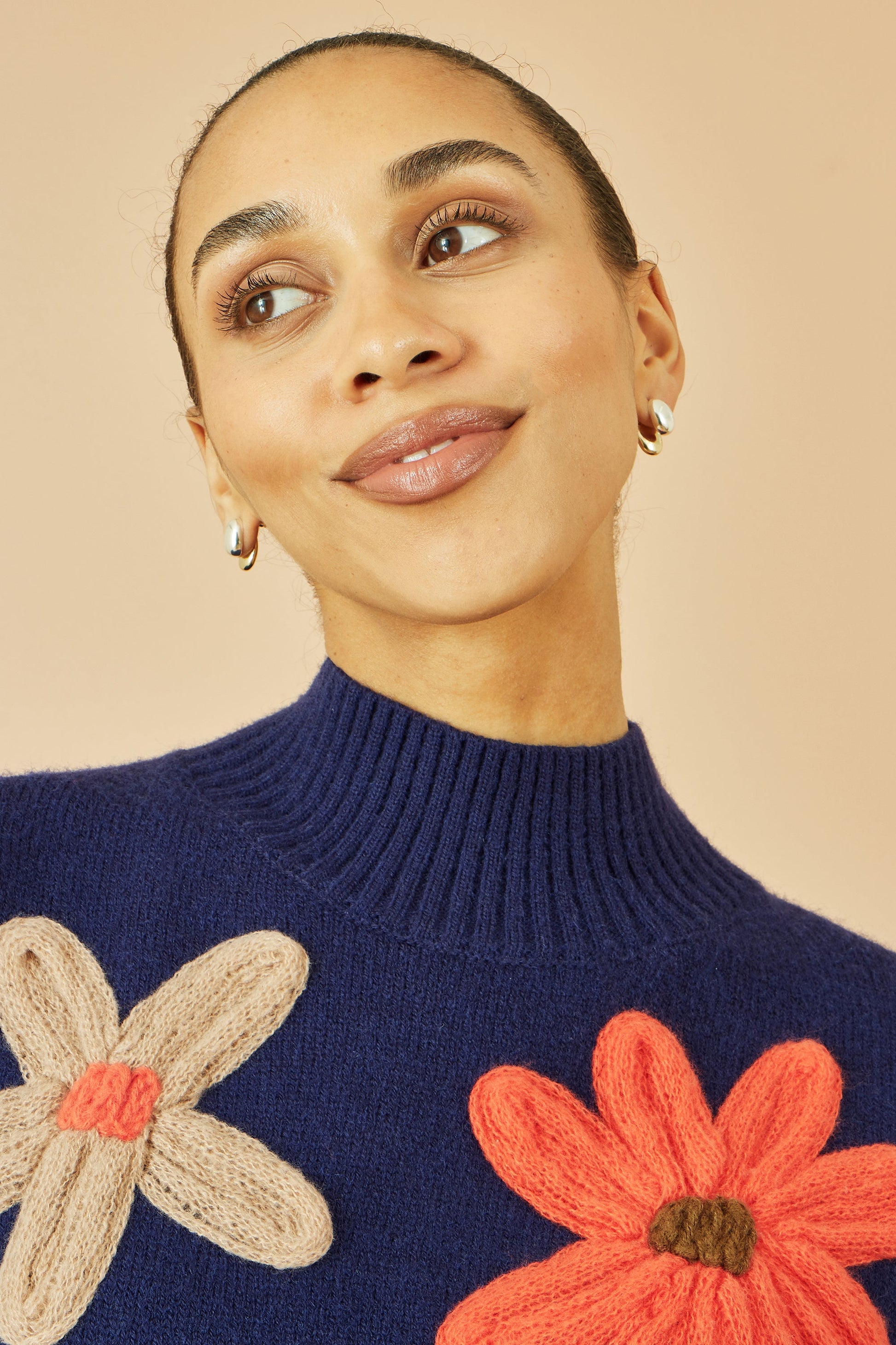 Navy Knitted High Neck Jumper With Applique Flowers