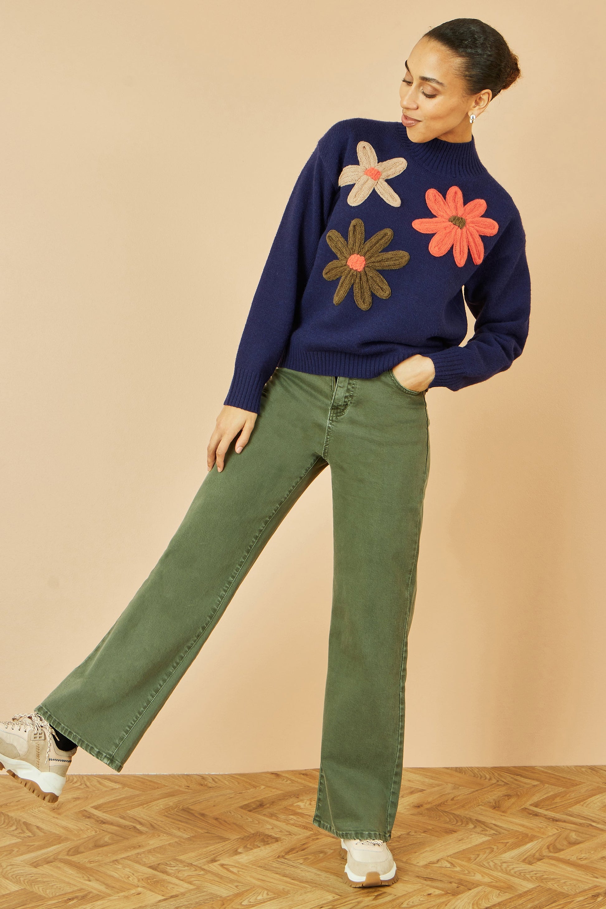 Navy Knitted High Neck Jumper With Applique Flowers