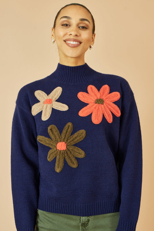 Navy Knitted High Neck Jumper With Applique Flowers