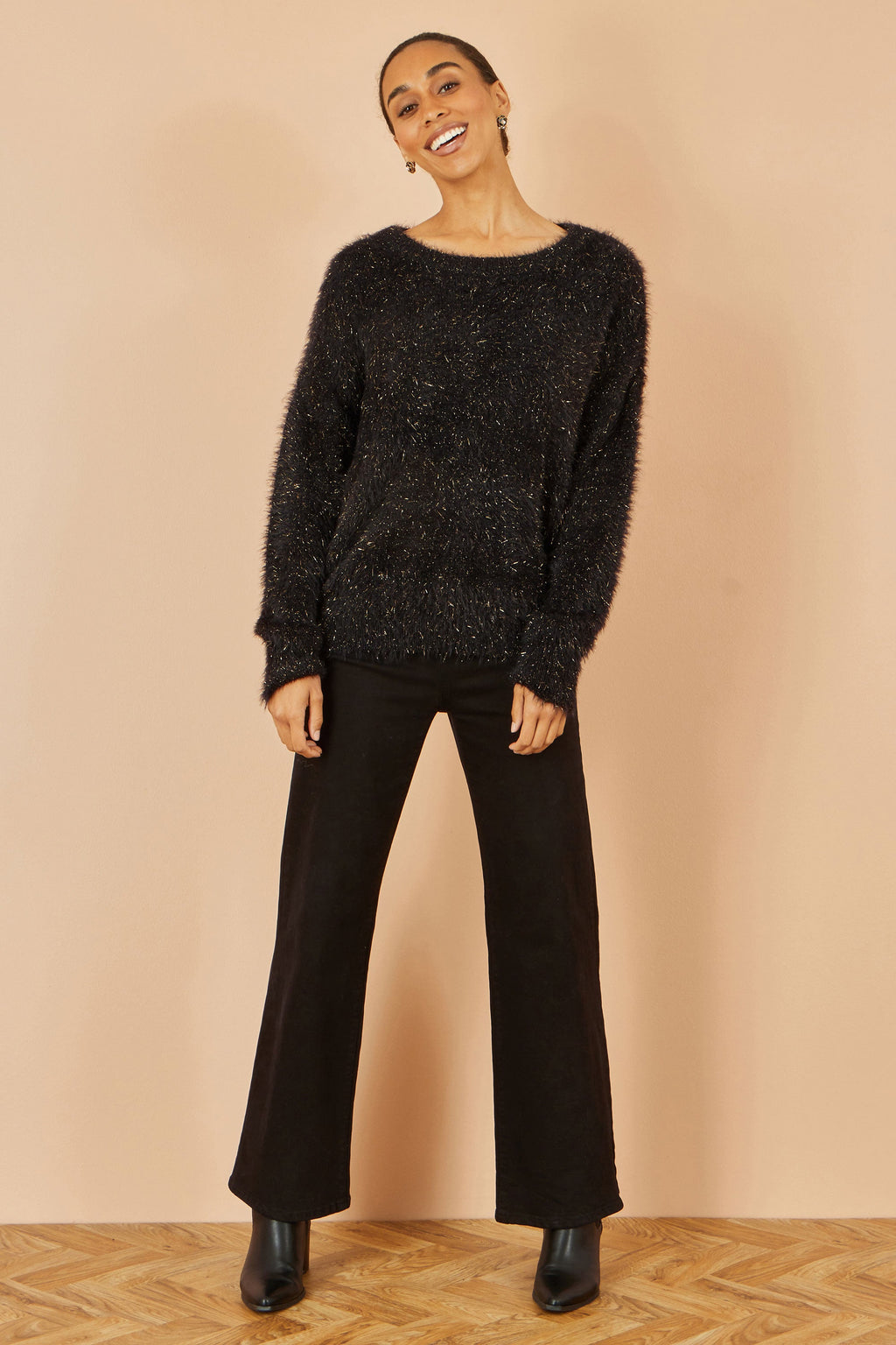 Black Metallic Fluffy Eyelash Relaxed Jumper