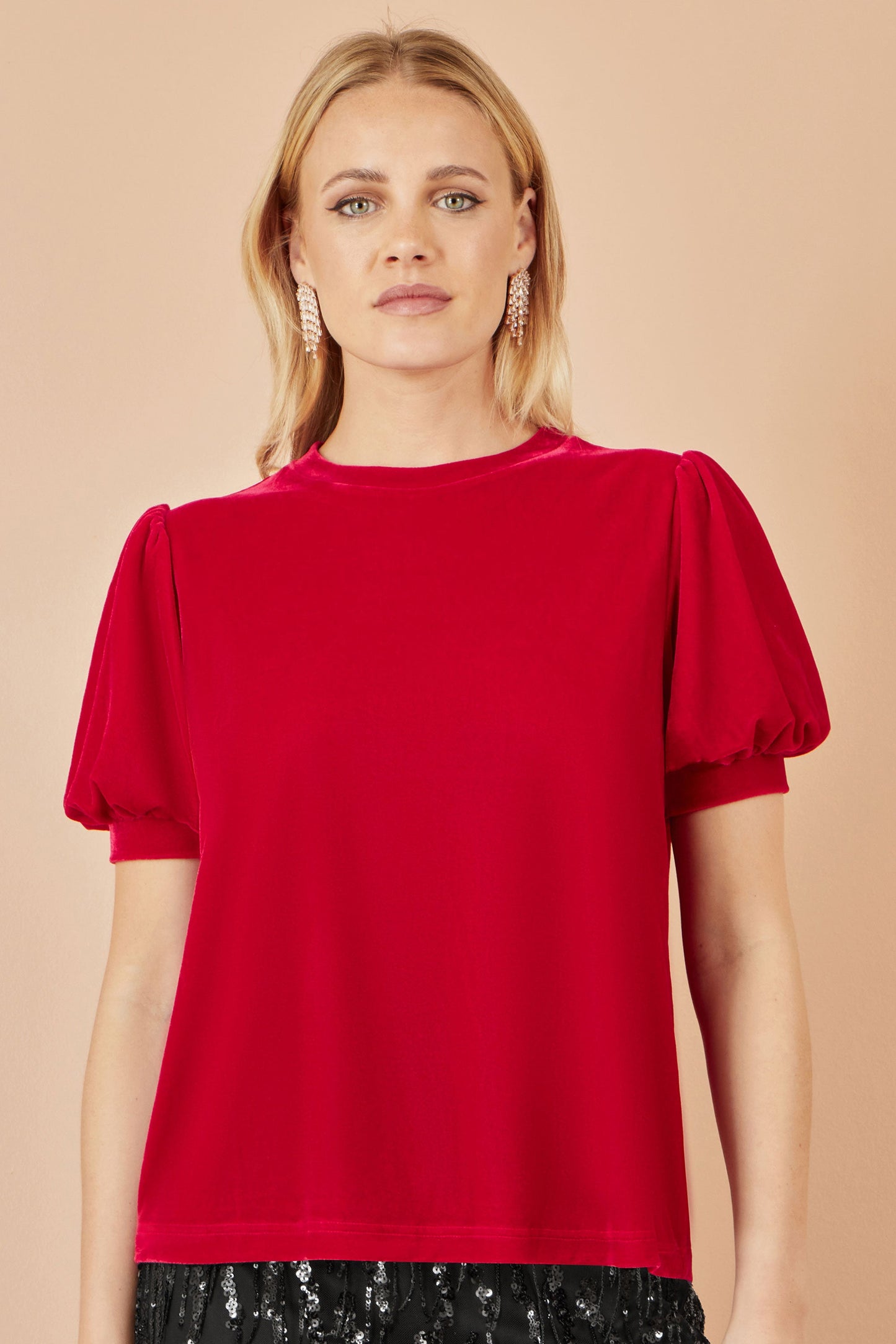 Red Velvet Puff Sleeve Top - Sizes 8 to 16