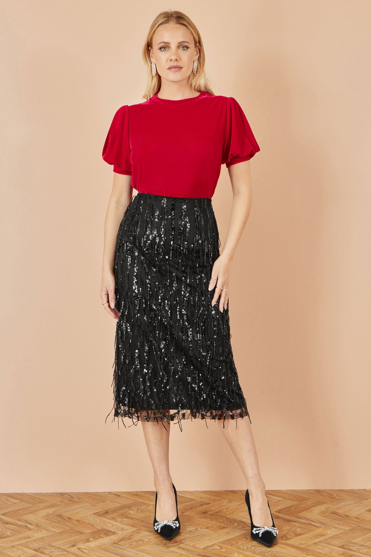 Red Velvet Puff Sleeve Top - Sizes 8 to 16