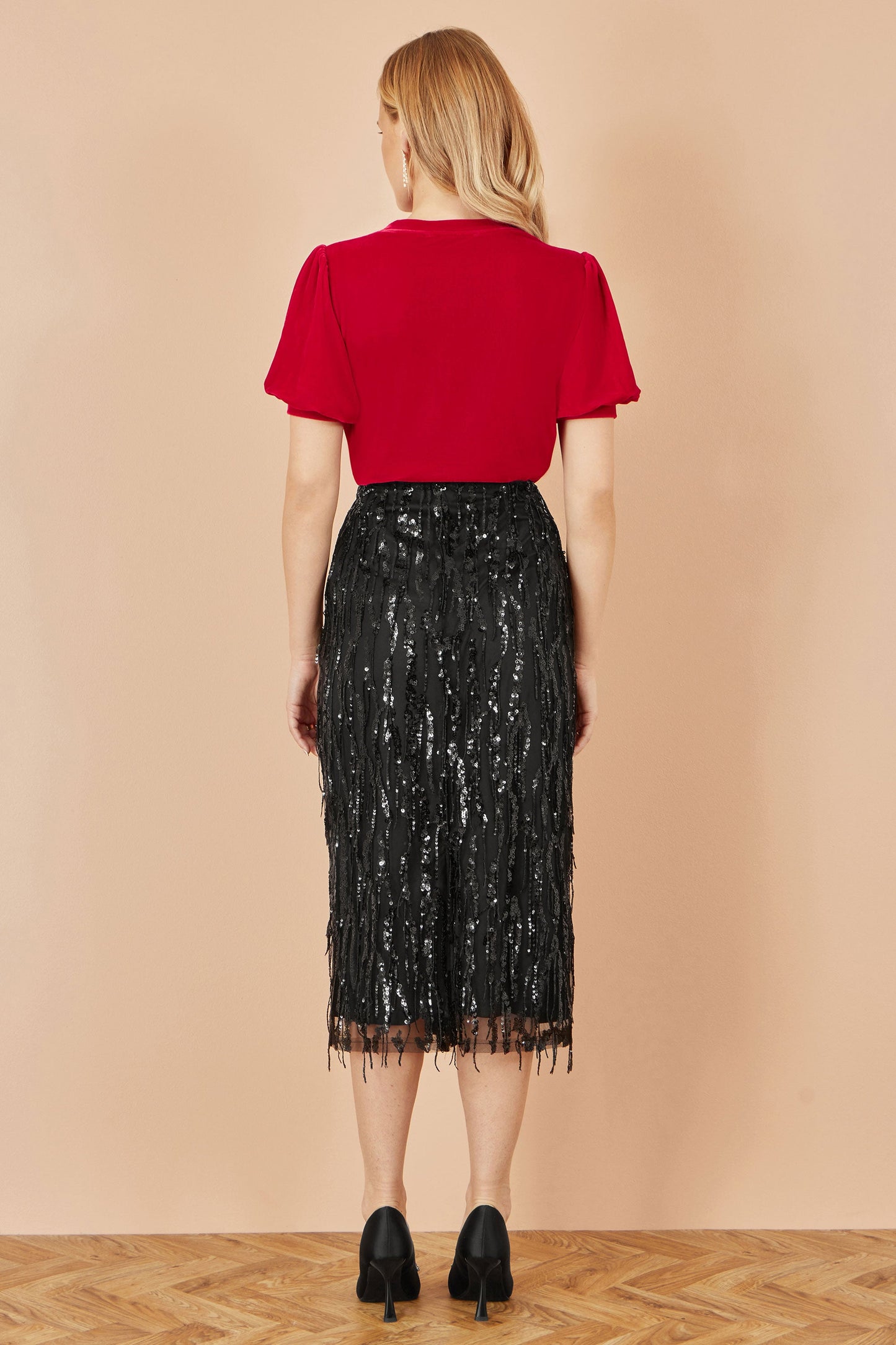 Red Velvet Puff Sleeve Top - Sizes 8 to 16