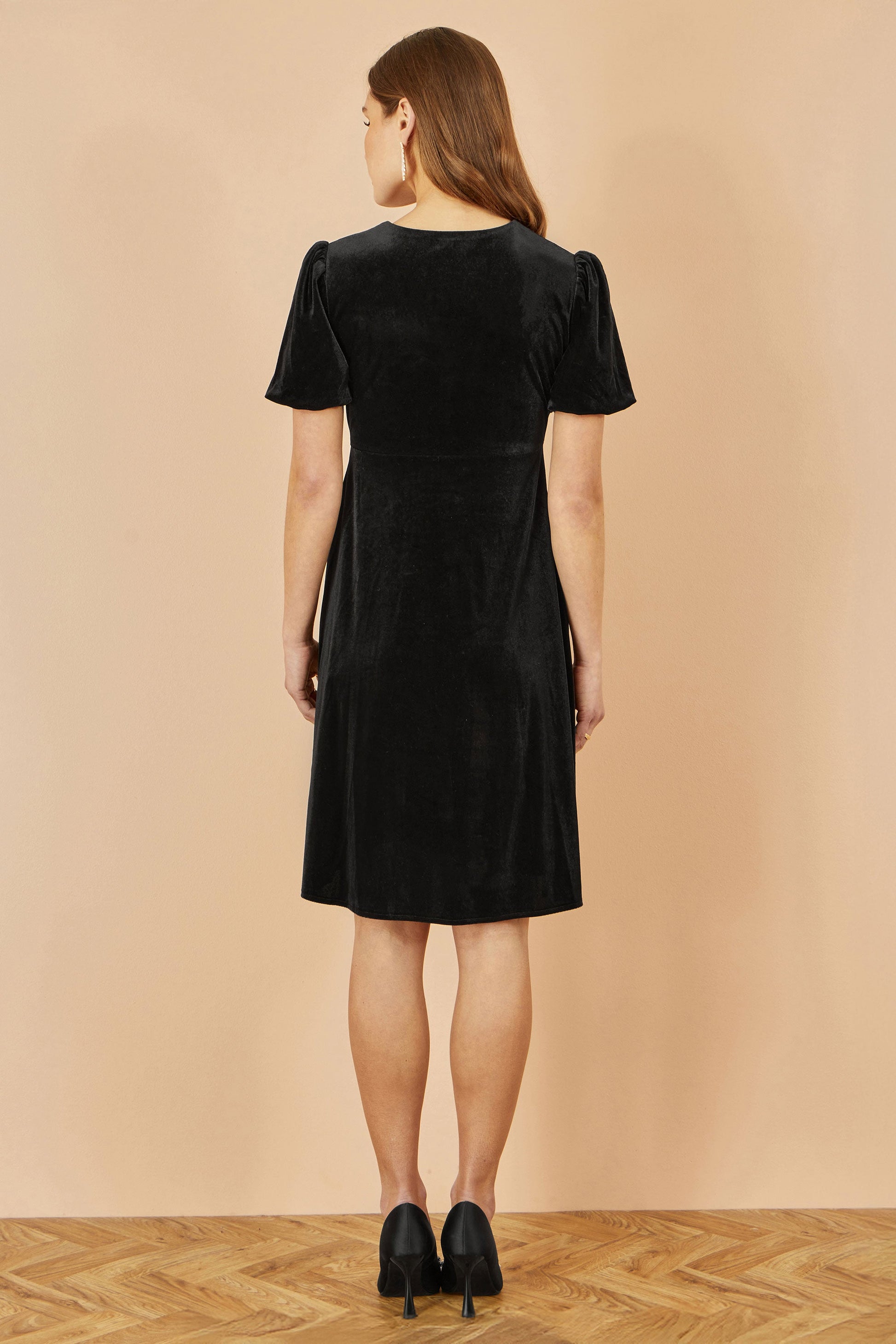 Black Velvet Skater Dress With Diamante Bow Detail - Sizes 8 to 16