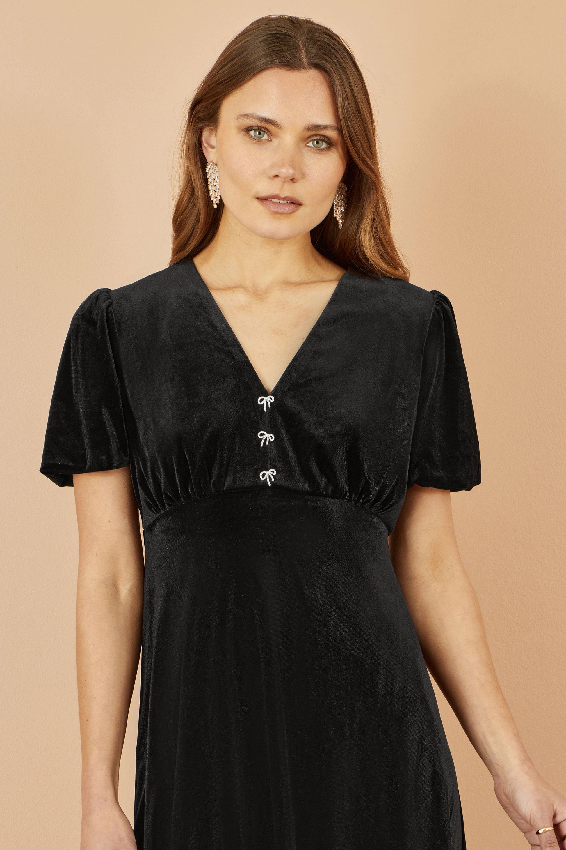 Black Velvet Skater Dress With Diamante Bow Detail - Sizes 8 to 16
