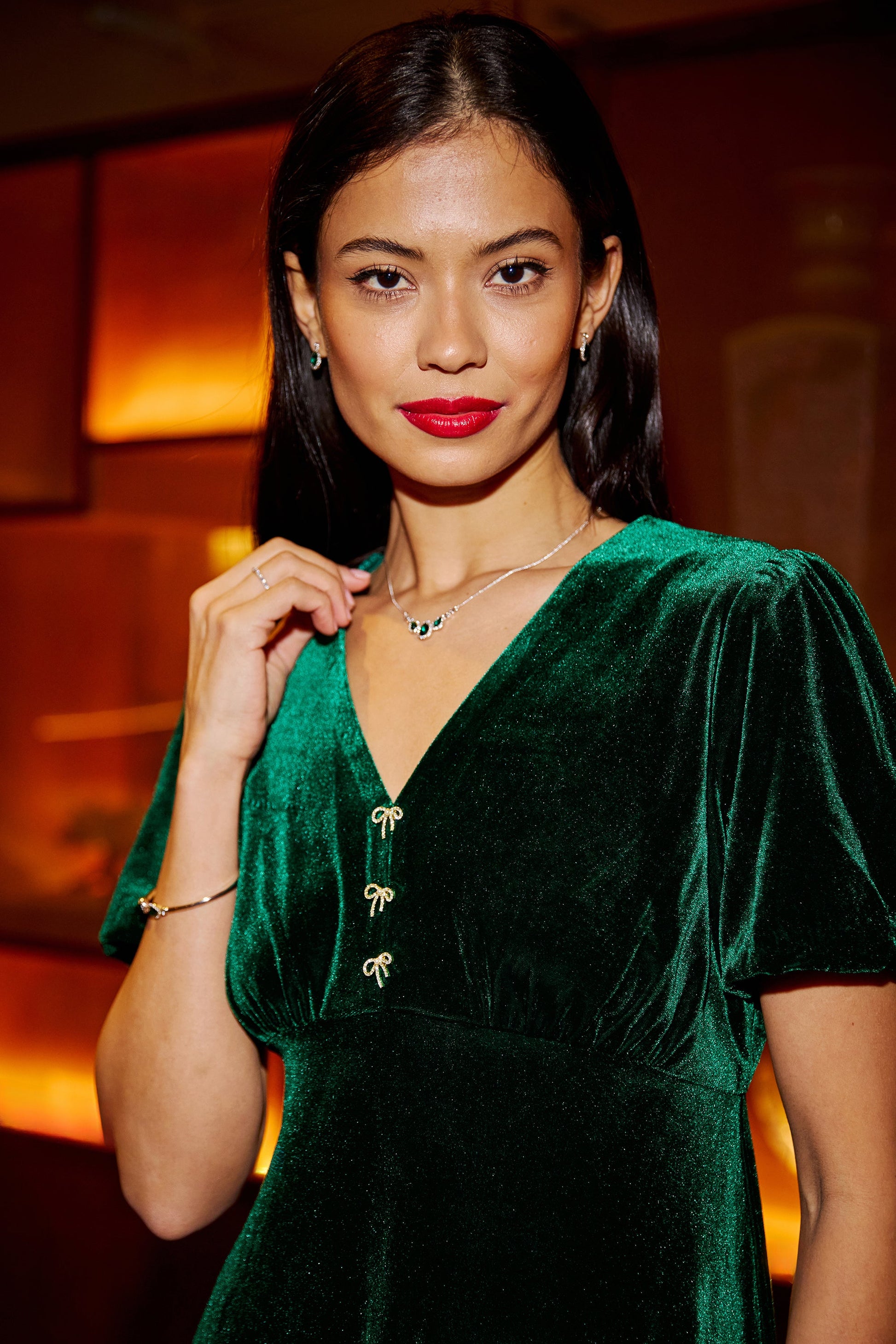 Green Velvet Skater Dress With Diamante Bow Detail - Sizes 8 to 16