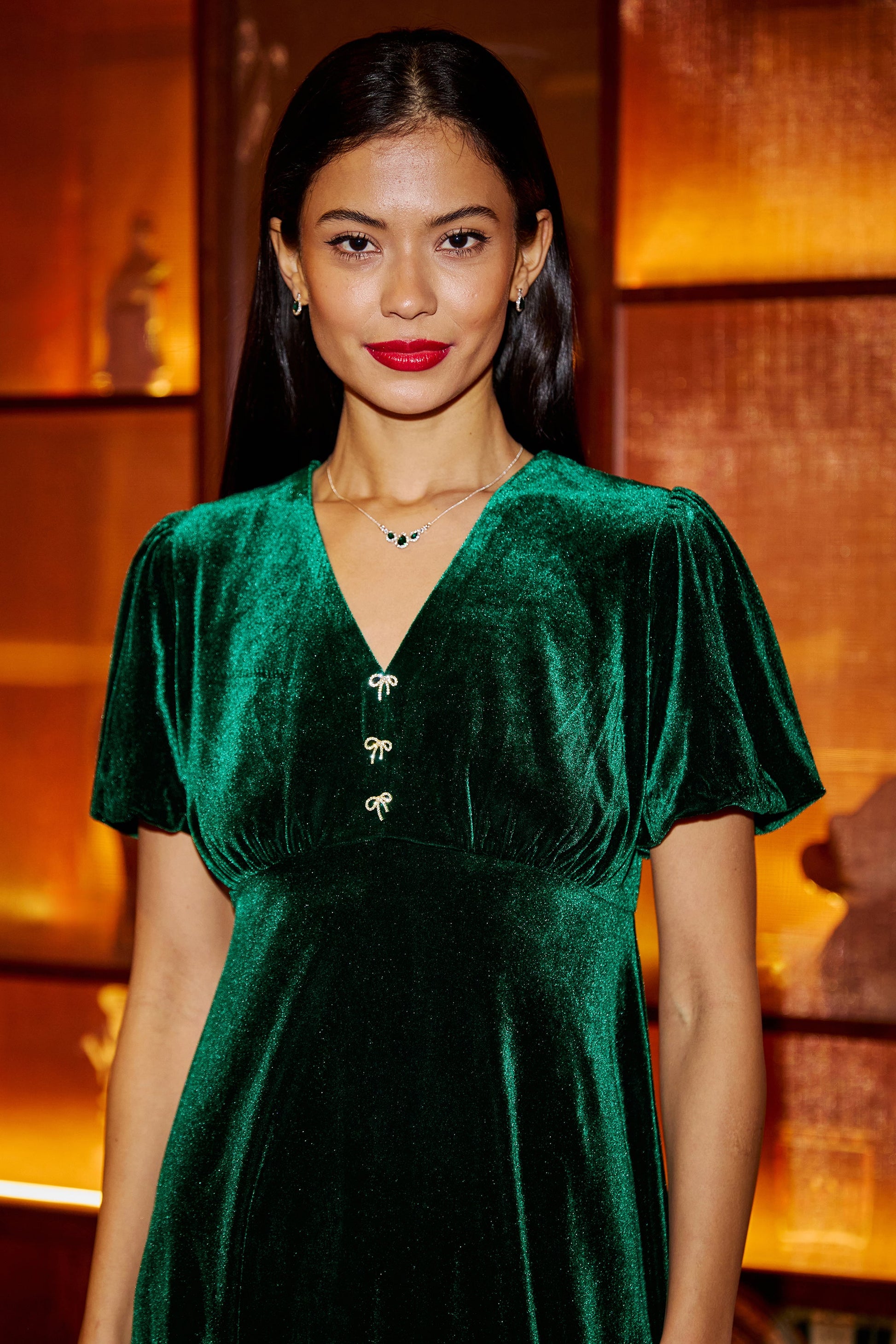 Green Velvet Skater Dress With Diamante Bow Detail - Sizes 8 to 16