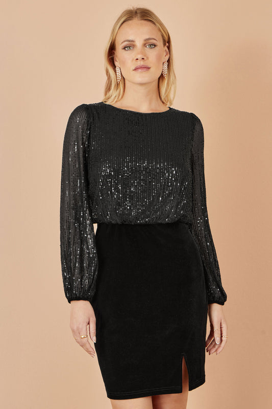 Black Sequin And Velvet Mini Dress - Sizes 8 to 16