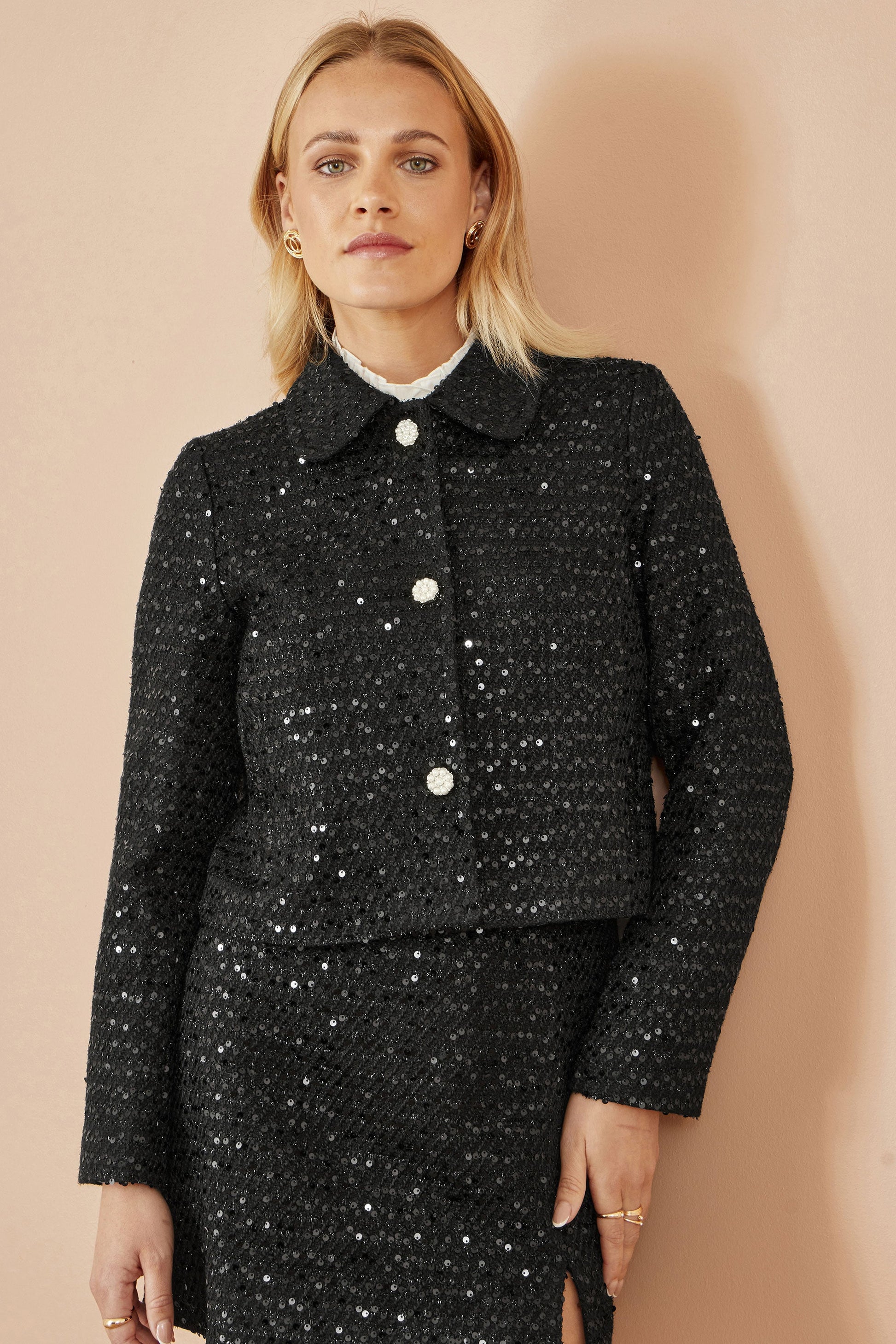 Black Boucle Sequin Jacket With Pearl Buttons - Sizes 8 to 16
