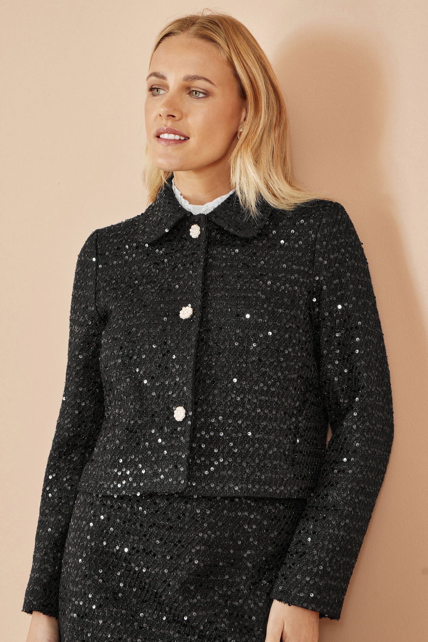 Black Boucle Sequin Jacket With Pearl Buttons - Sizes 8 to 16