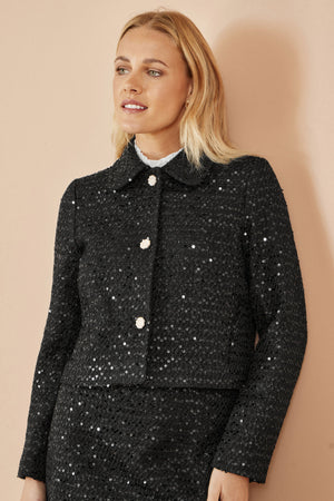 Black Boucle Sequin Jacket With Pearl Buttons - Sizes 8 to 16