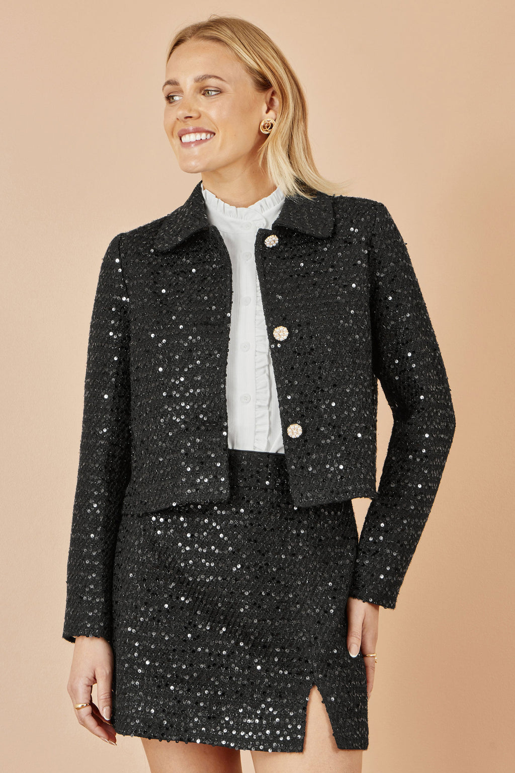 Black Boucle Sequin Jacket With Pearl Buttons - Sizes 8 to 16