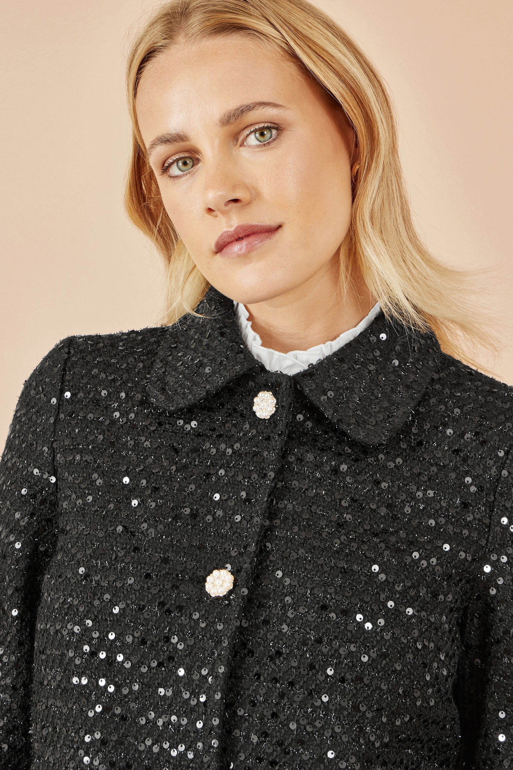 Black Boucle Sequin Jacket With Pearl Buttons - Sizes 8 to 16